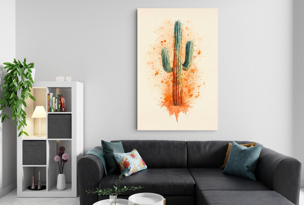 a modern living room with a black sectional sofa, a white bookshelf, and a large abstract painting of a cactus on the wall.