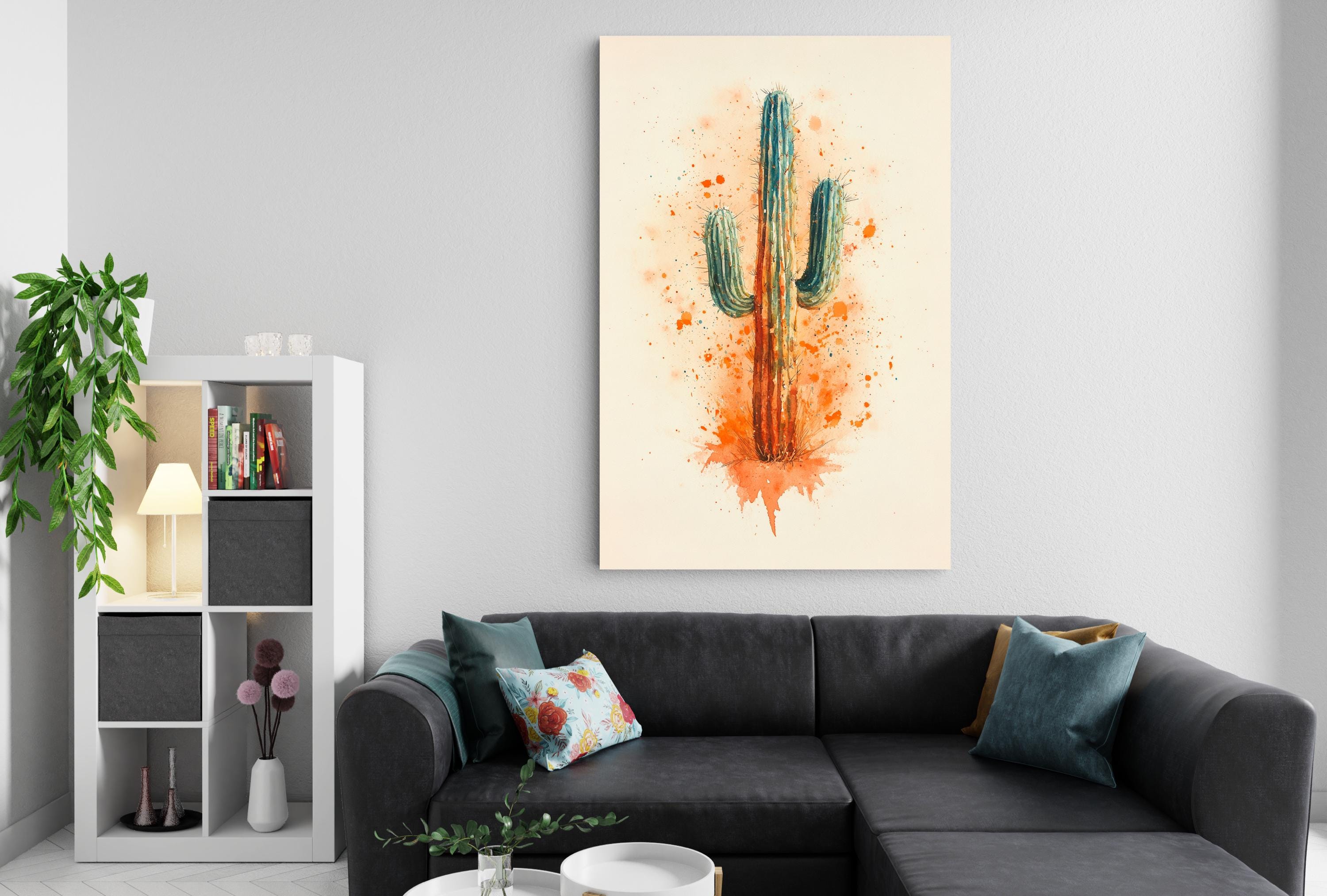 a modern living room with a black sectional sofa, a white bookshelf, and a large abstract painting of a cactus on the wall.