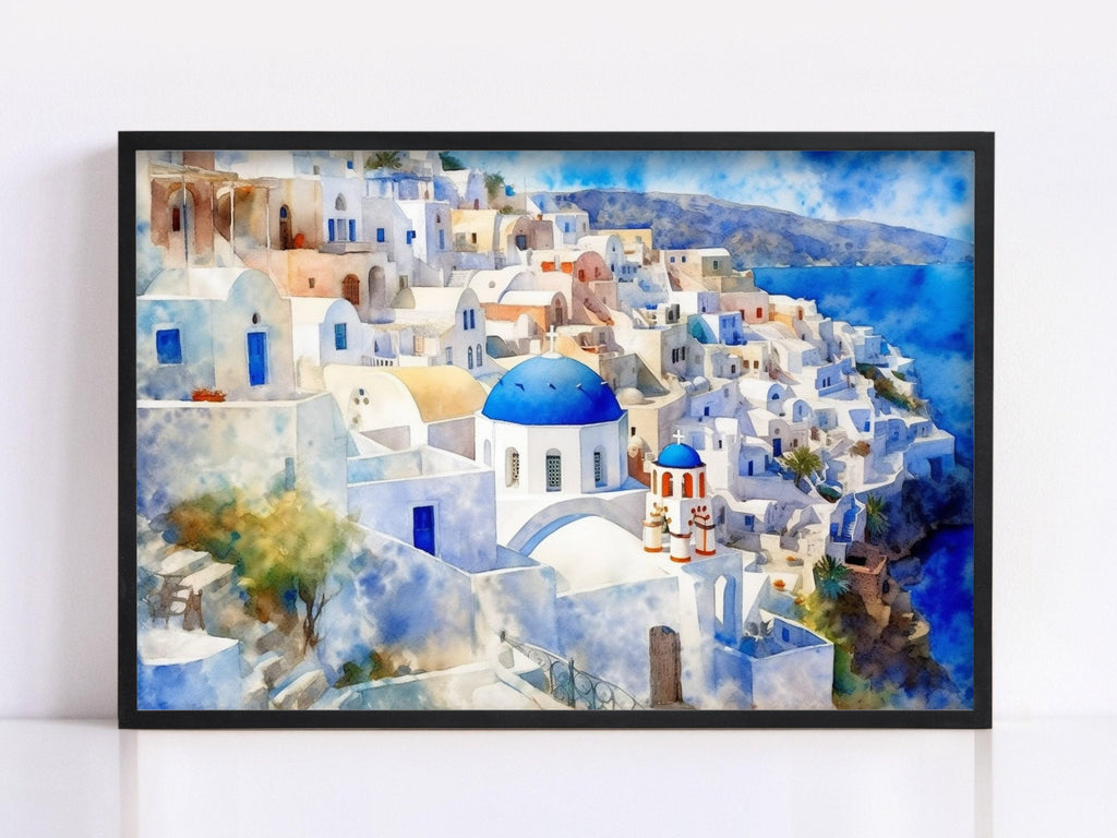 Grecian Getaway - Santorini Landscape Wall Hanging, Giclee Print on Canvas, Artist Paper, Watercolor Paper, Available in Extra Large Sizes