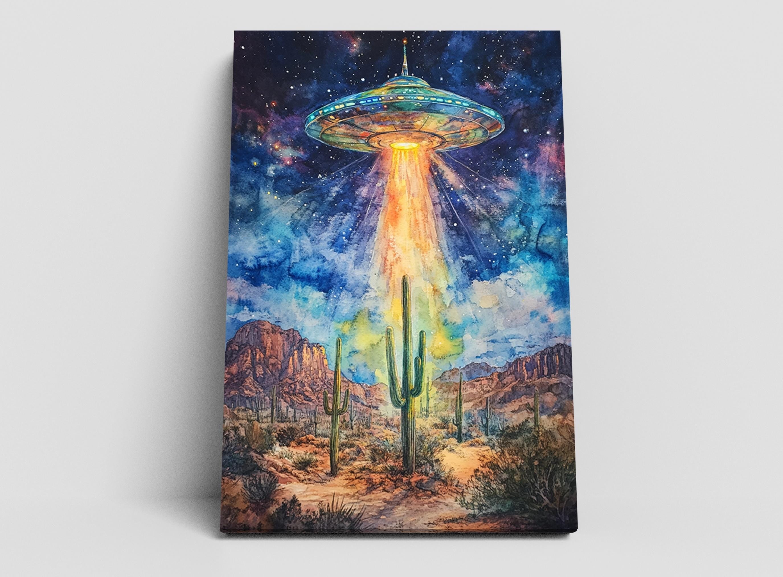 a large, colorful alien spacecraft hovering over a desert landscape with cacti and mountains in the background.