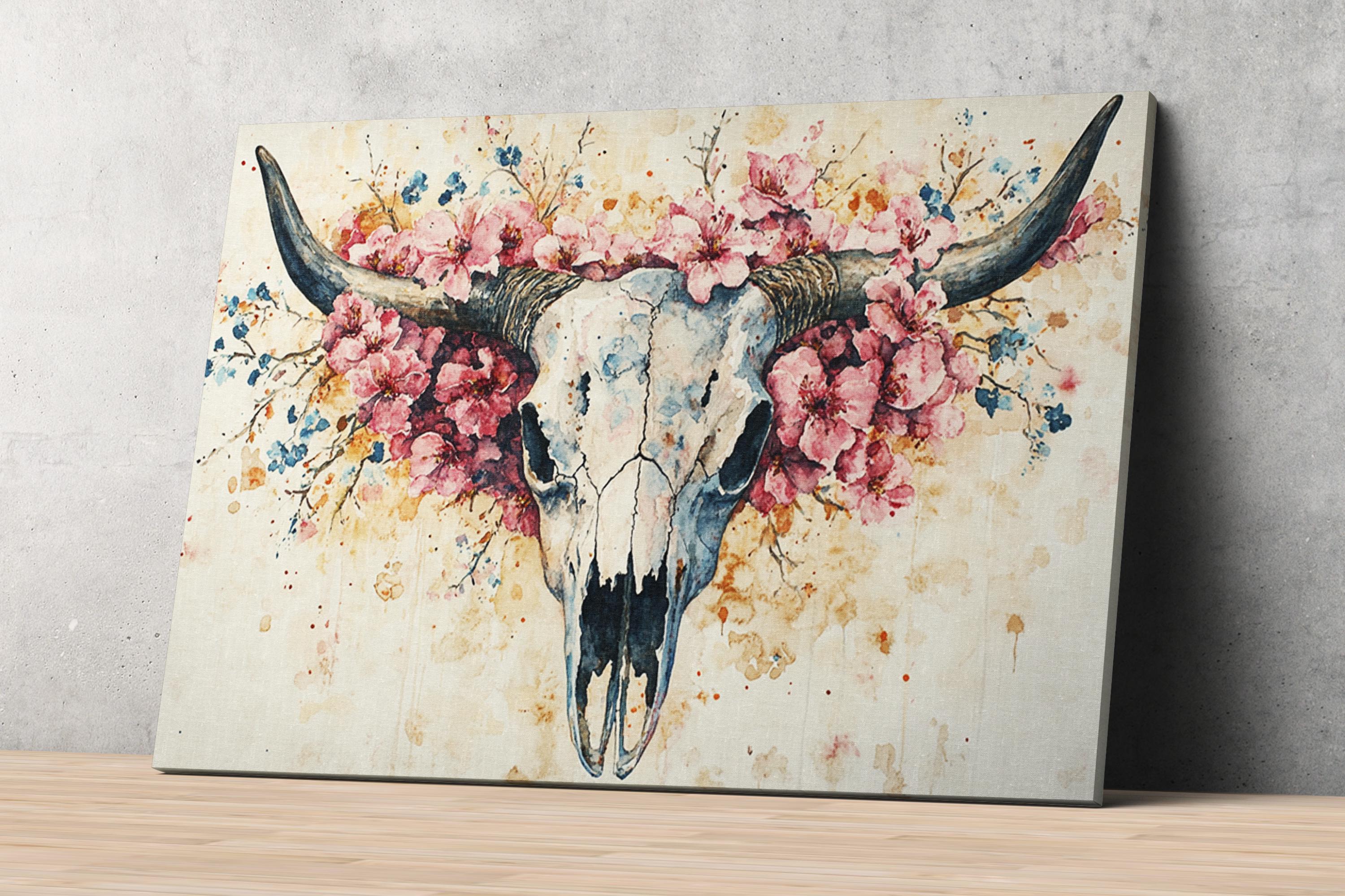 a painting of a skull with large horns, surrounded by a floral arrangement of pink and blue flowers.