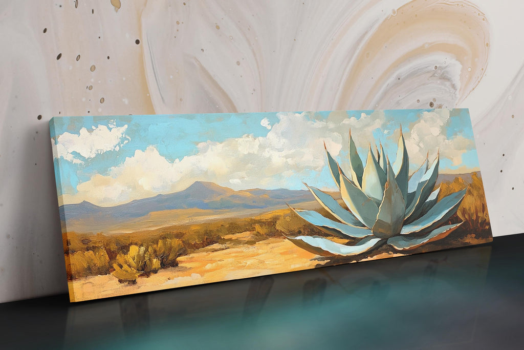a painting of a desert scene with a cactus in the foreground
