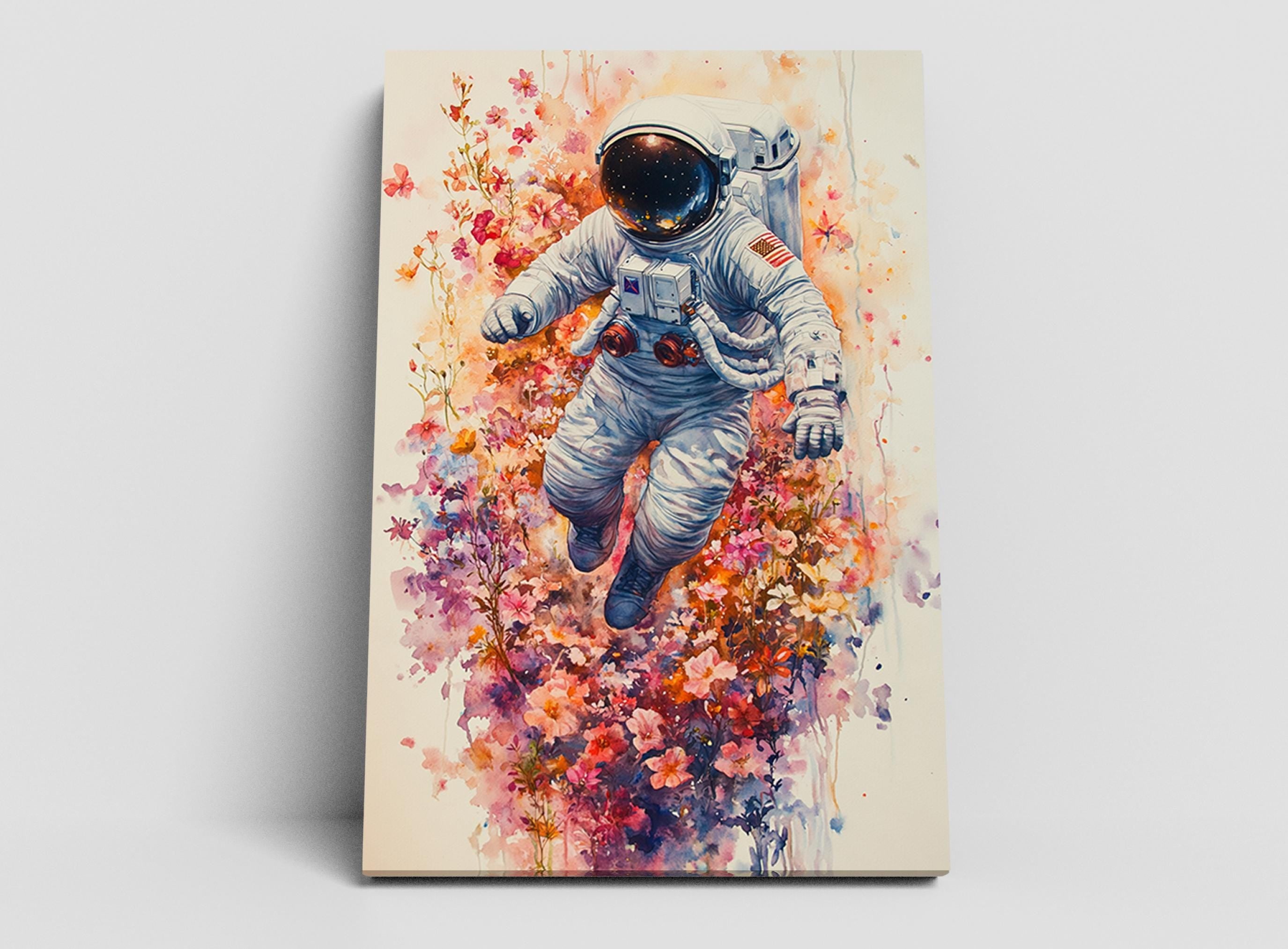 an astronaut floating in space, surrounded by a vibrant floral scene.