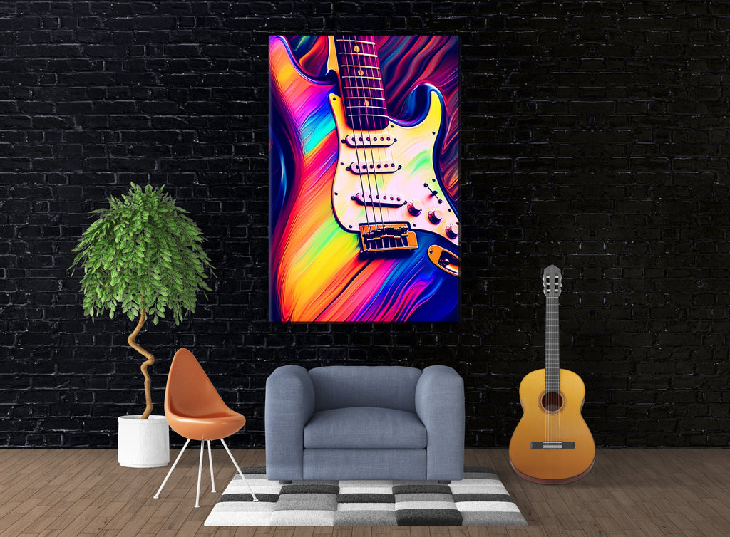Electric Guitar Wall Art - Synthwave Neon Guitar Canvas Art | Large Vibrant Music Decor