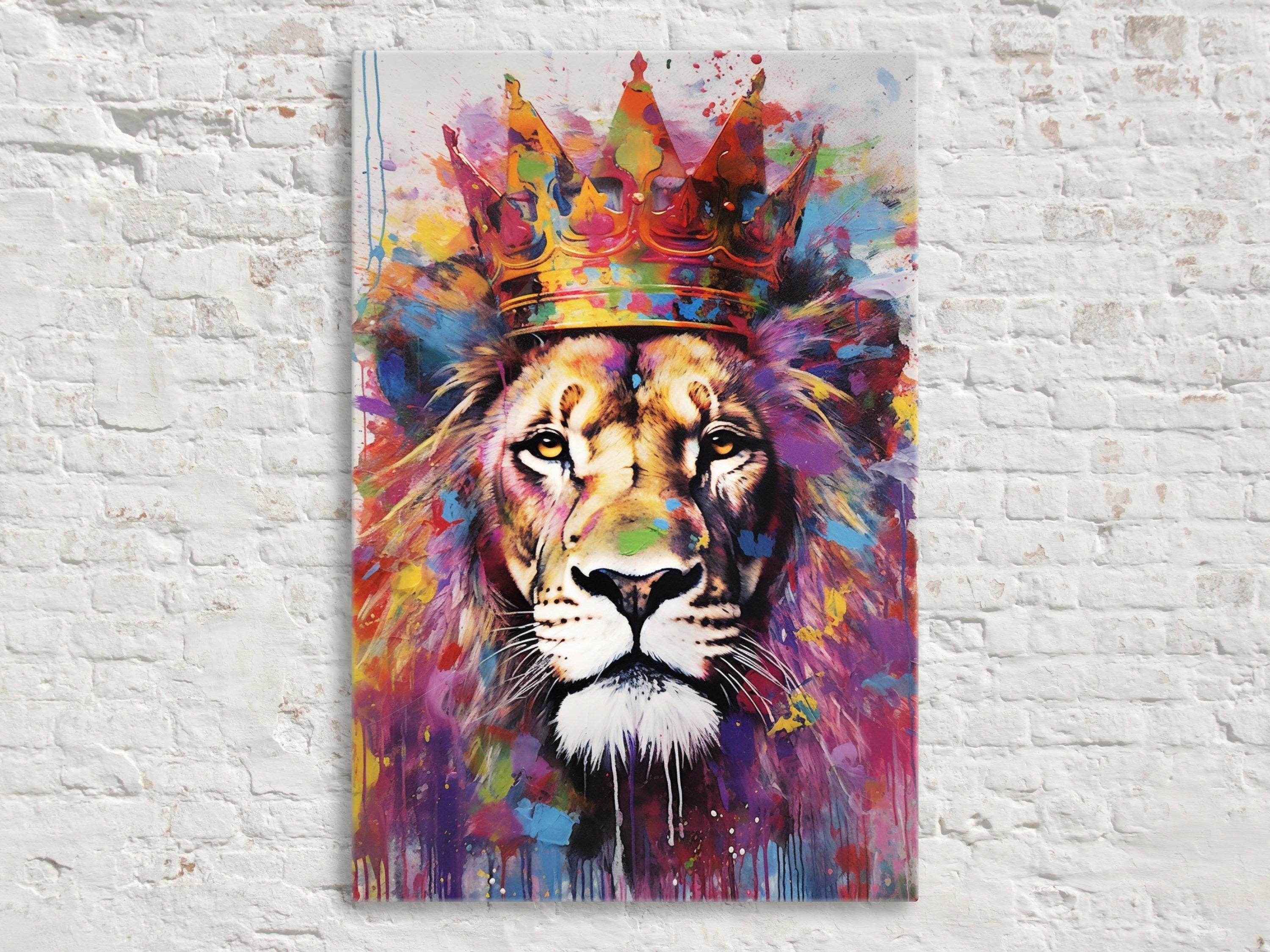 Lion Canvas Art – Large Watercolor Lion with Crown | Majestic Wildlife Wall Decor