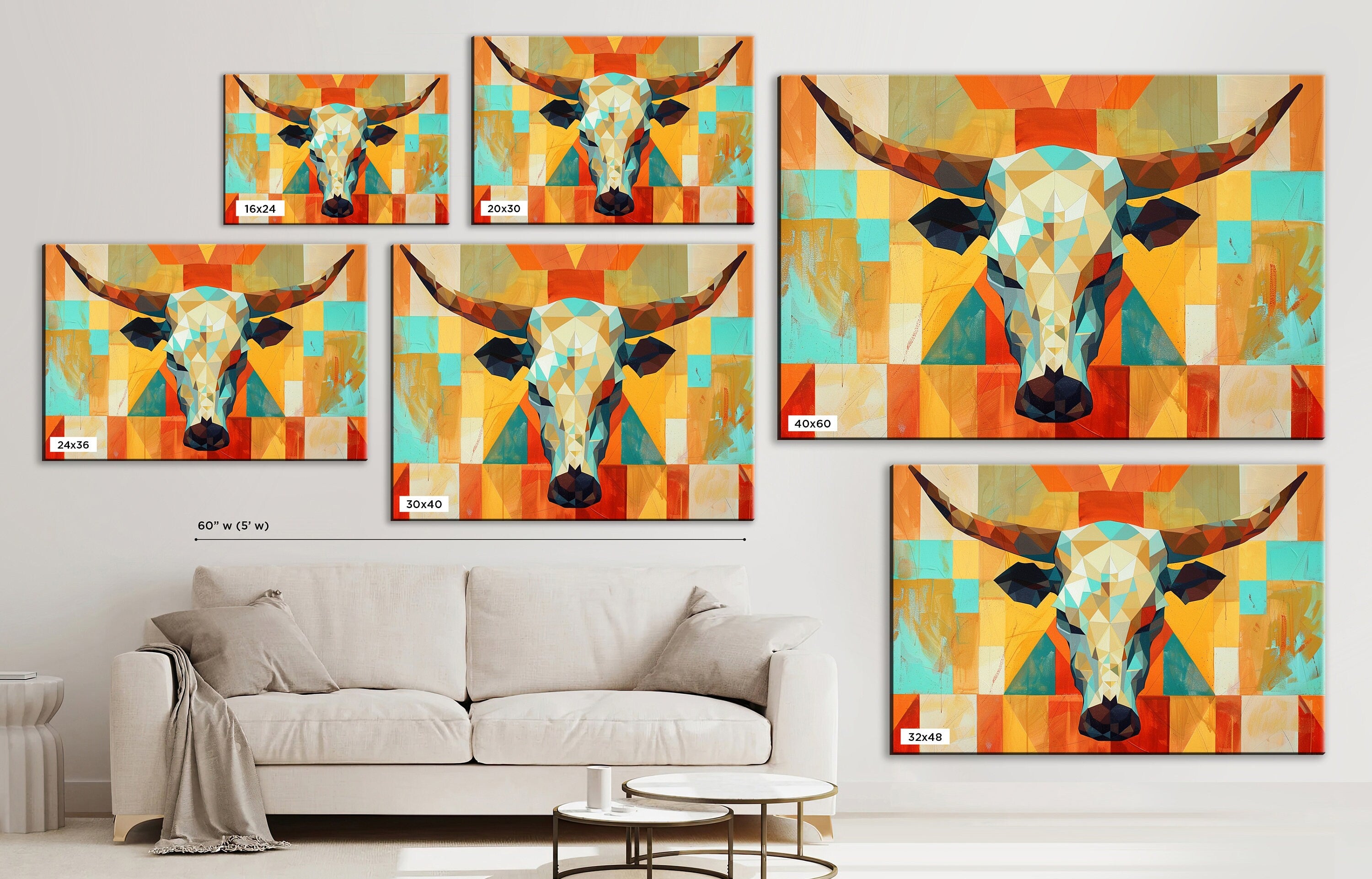 Mid Century Modern Wall Art – Cow Skull Canvas, Gallery Wrapped, Ready to Hang
