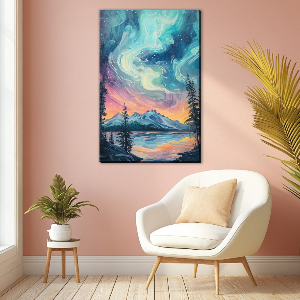 a room with a chair and a painting on the wall