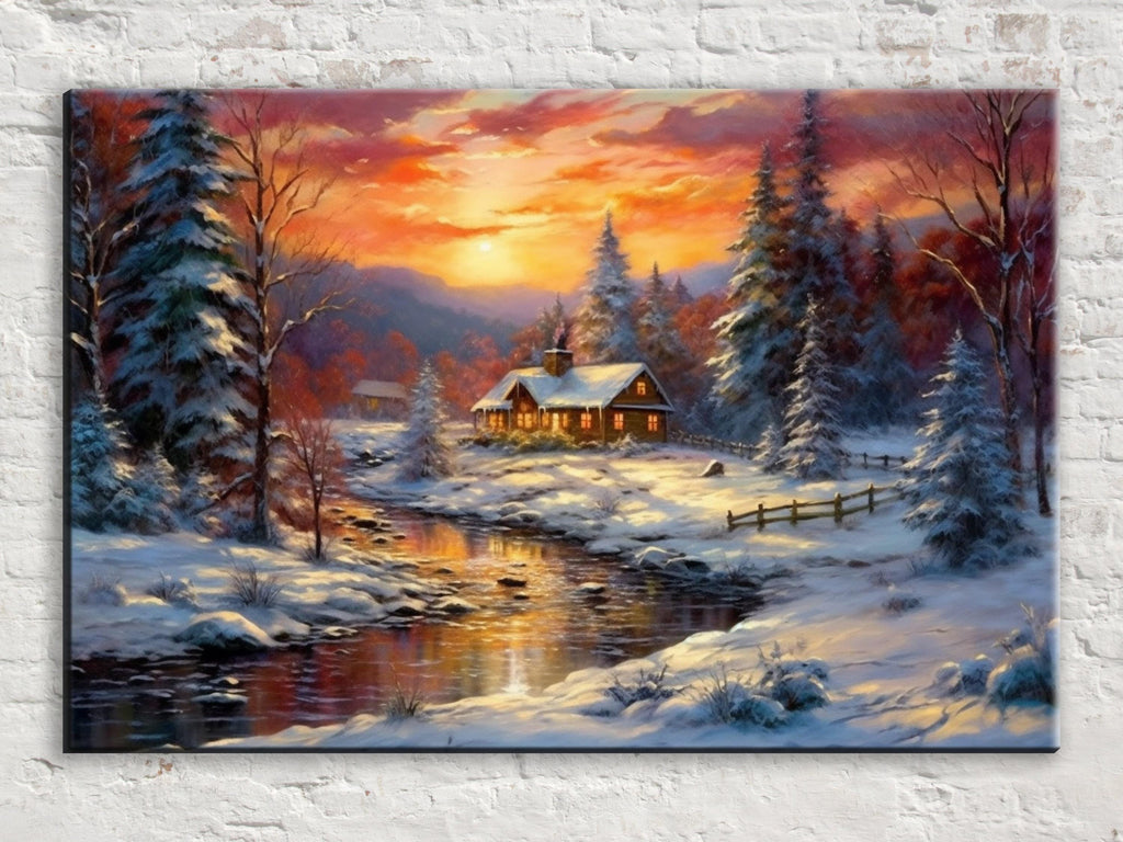 Winter Cabin Canvas | Vintage Oil Painting Rustic Winter Landscape Art - Gallery Wrapped