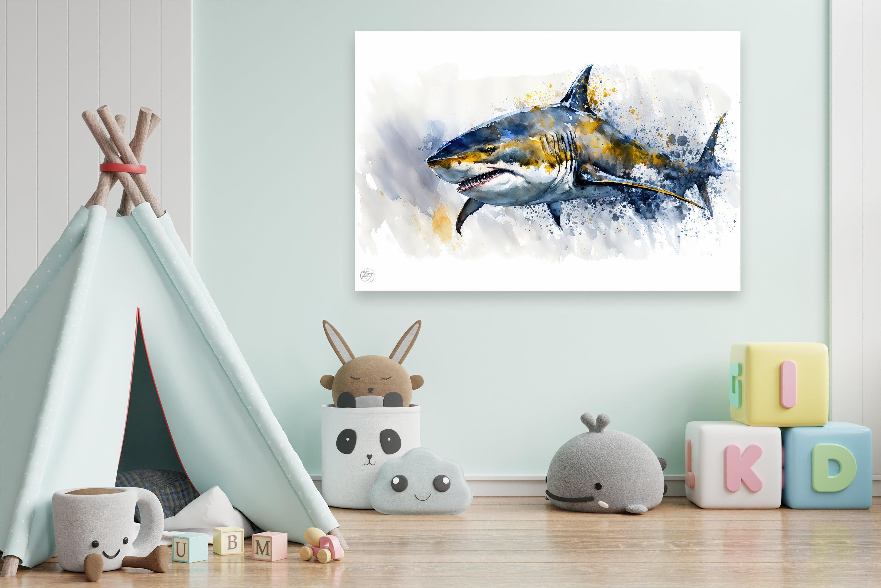 Shark Watercolor Art Print: Bright Ocean Wildlife Scene, Museum Rag Paper or Canvas (Framed or Unframed, Multiple Sizes)