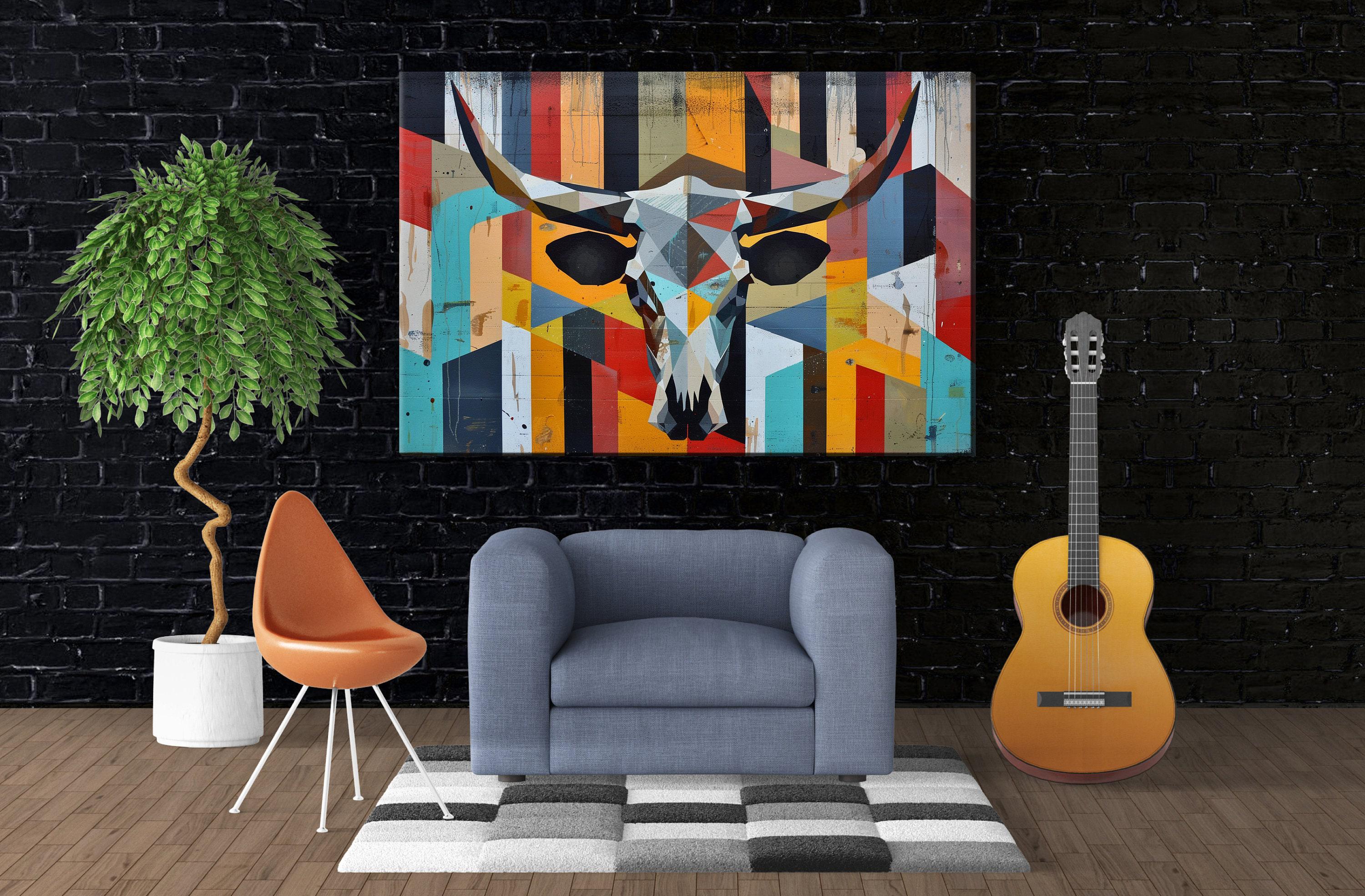 Retro Cow Skull Art - Large Canvas Wall Decor | Mid Century Modern Southwest Style