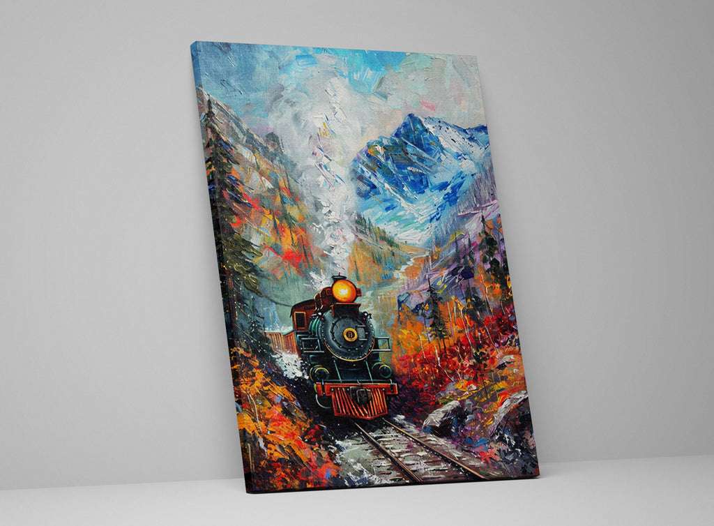Train Station Canvas - Vintage Train Art | Fall Mountain Painting on Gallery Wrapped Canvas