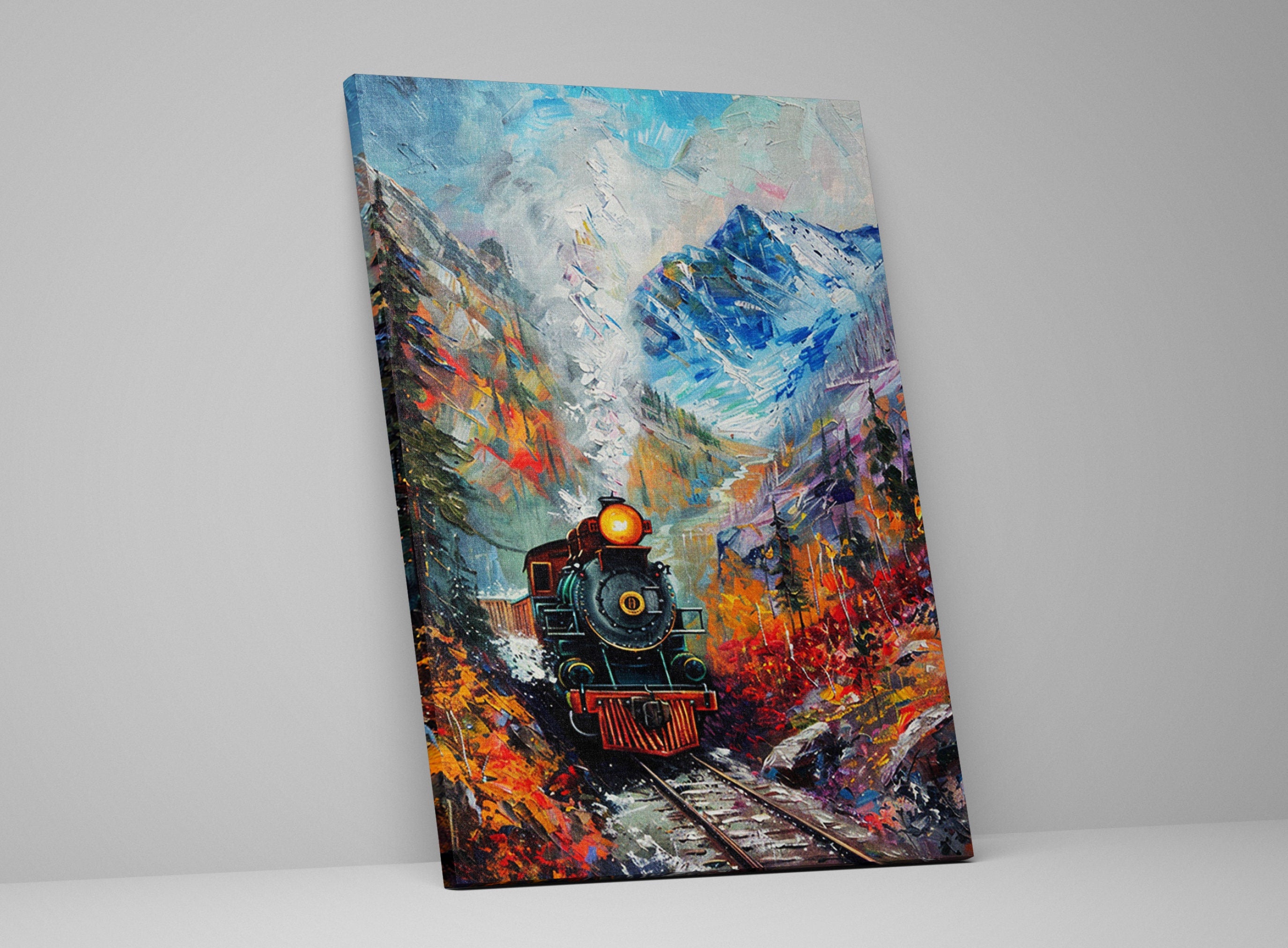 Train Station Canvas - Vintage Train Art | Fall Mountain Painting on Gallery Wrapped Canvas