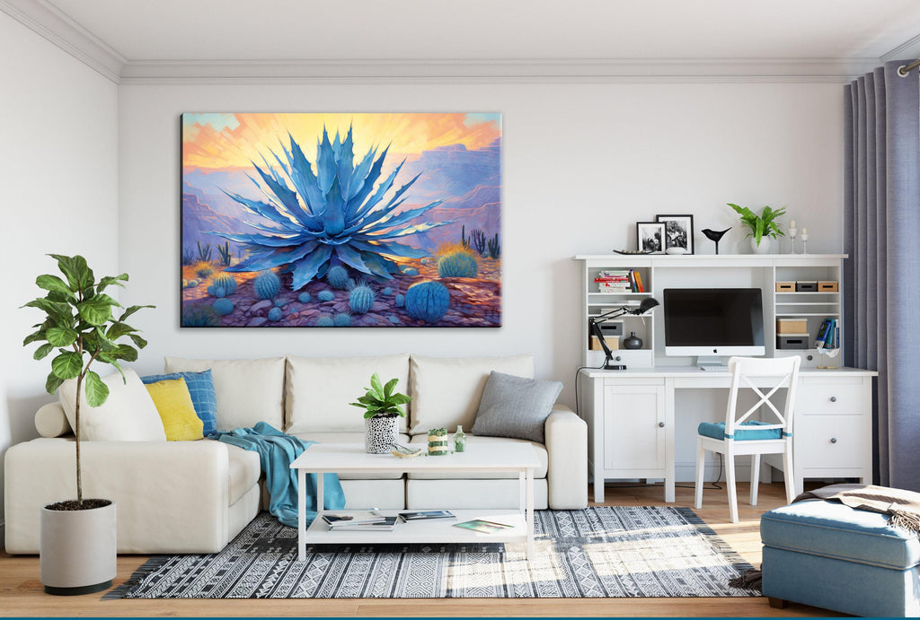 Desert Canvas Art – Southwest Agave Art with Blue Agave Painting & Barrel Cactus Print