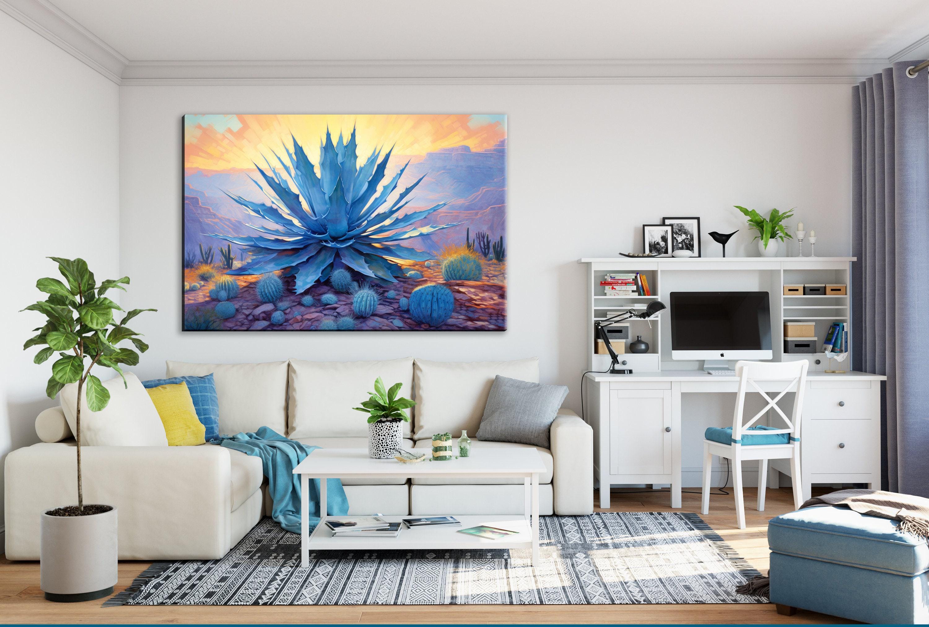 Desert Canvas Art – Southwest Agave Art with Blue Agave Painting & Barrel Cactus Print