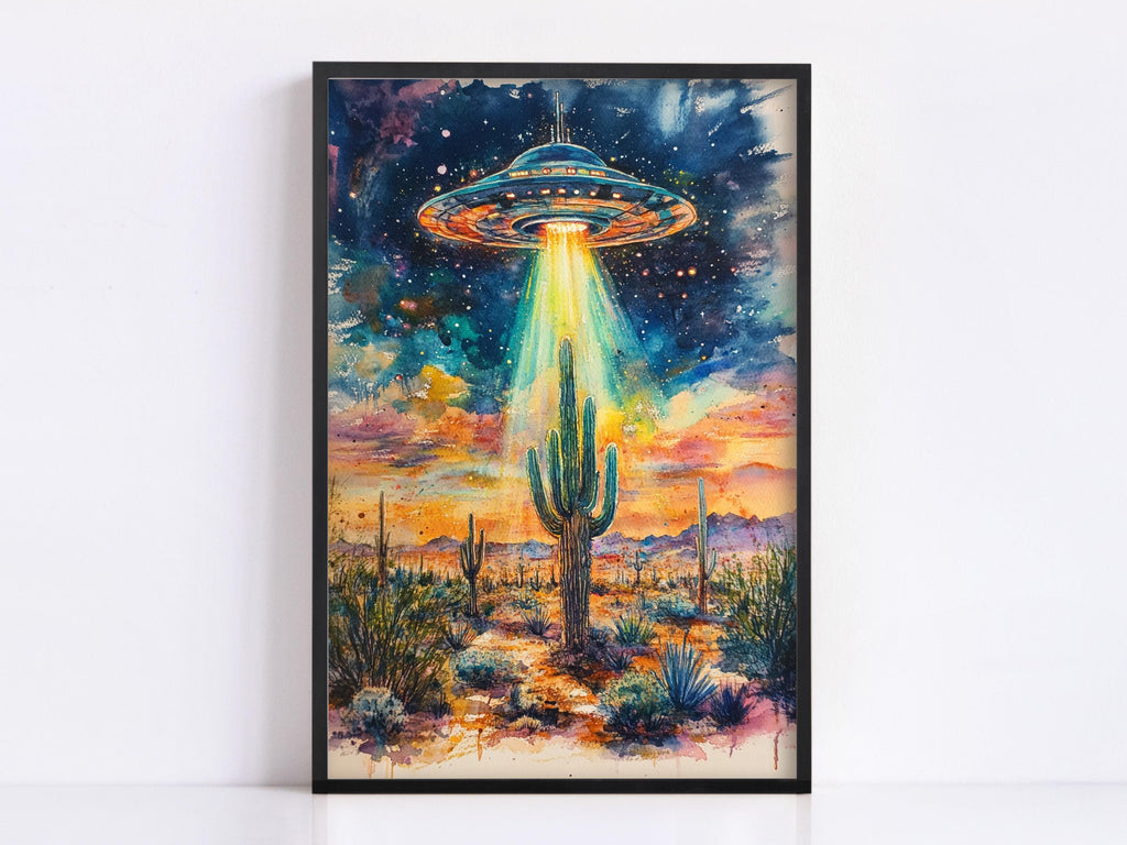 The image is a vibrant and colorful painting depicting an alien spacecraft hovering over a desert landscape with cacti and a sunset sky.