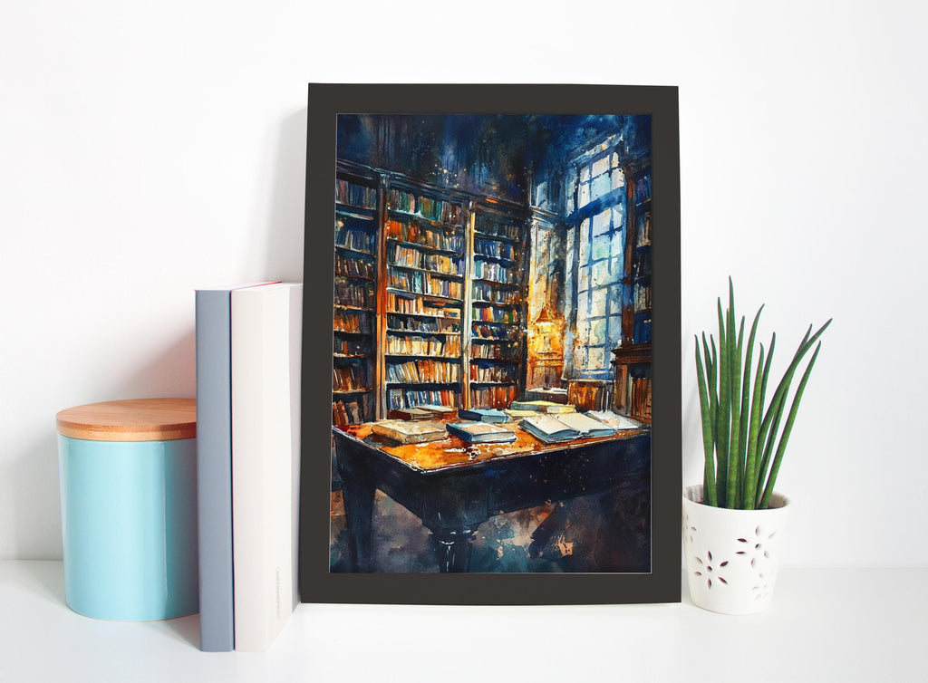 a framed painting of a library scene, with a table full of books and a window providing natural light.