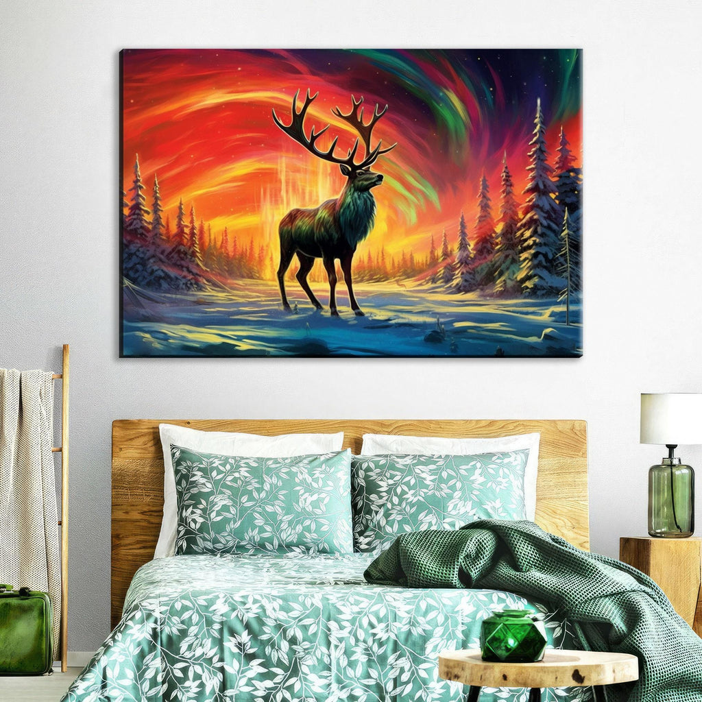 Winter Elk Canvas - Northern Lights Art | Extra Large Gallery Wrapped Print