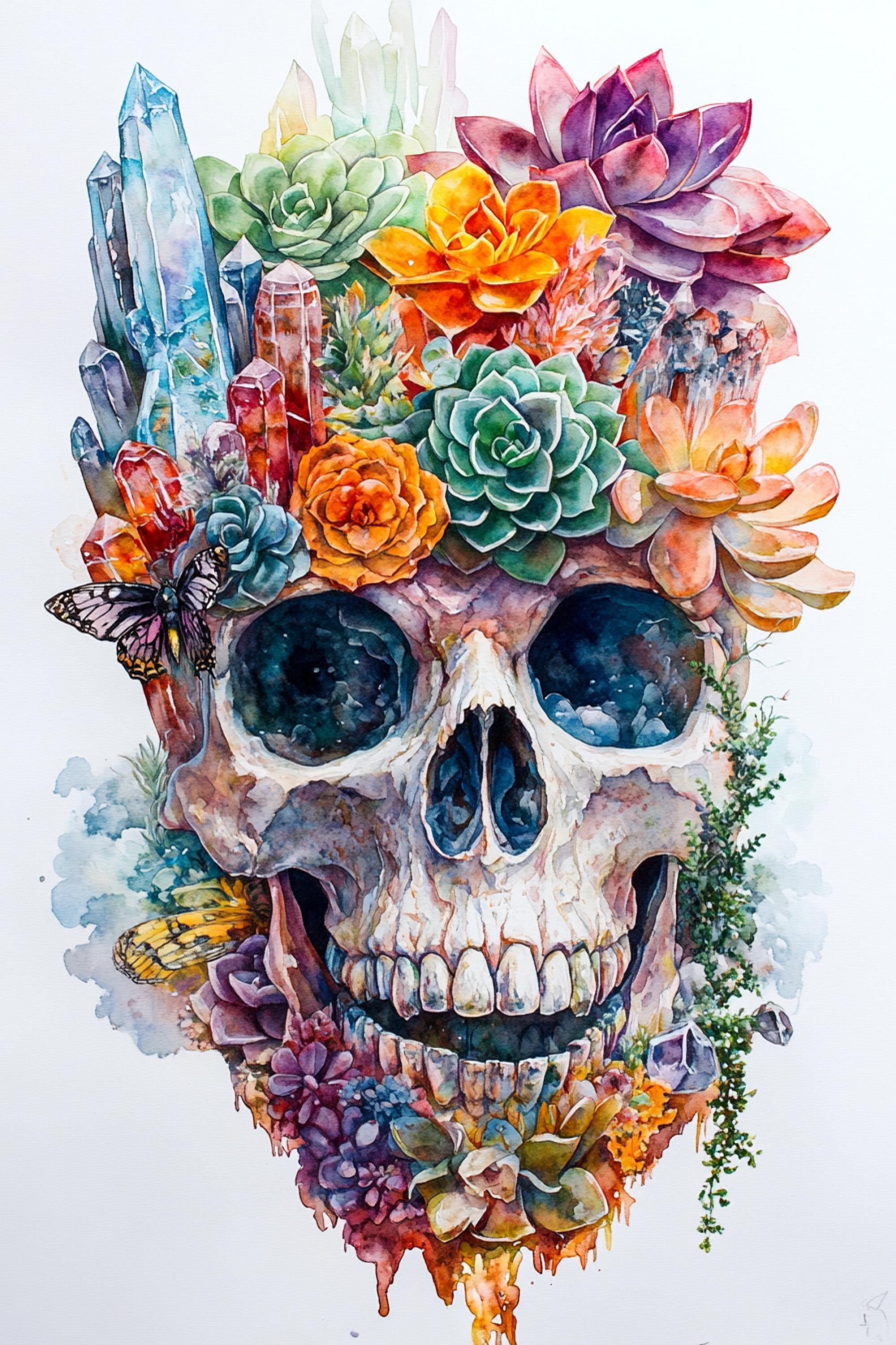 A colorful and intricate illustration of a skull adorned with various flowers, leaves, and crystals, creating a visually striking and artistic composition.