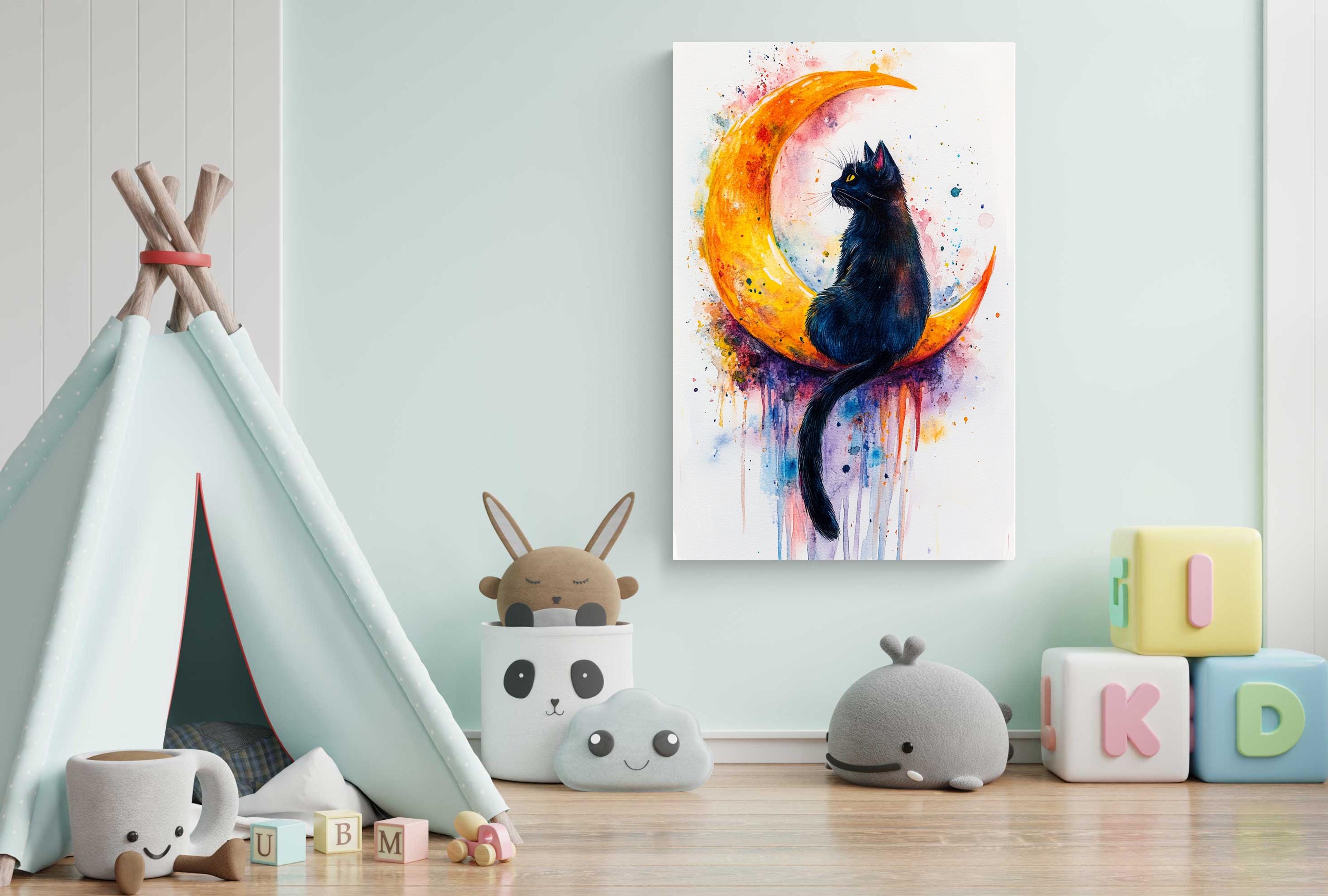 A colorful painting of a black cat sitting on a crescent moon hangs on a light blue wall, surrounded by various toys and decorations in a child's bedroom.