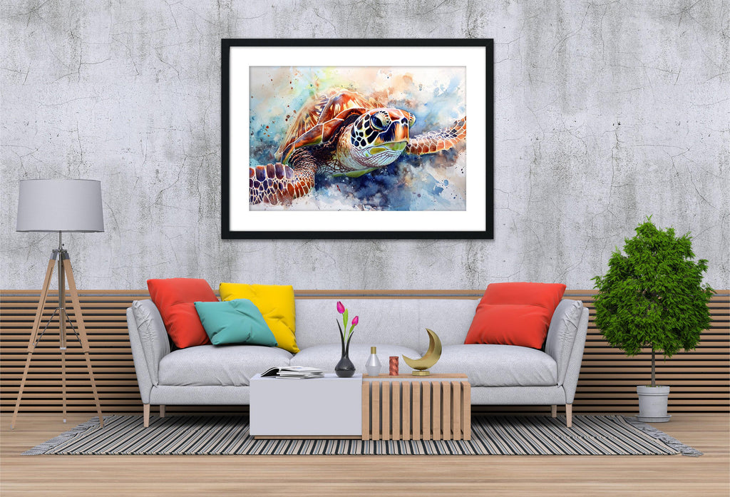 Playful Sea Turtle Watercolor Wall Art, Giclee Print on Canvas, Artist Paper, Watercolor Paper, Available in Extra Large Sizes