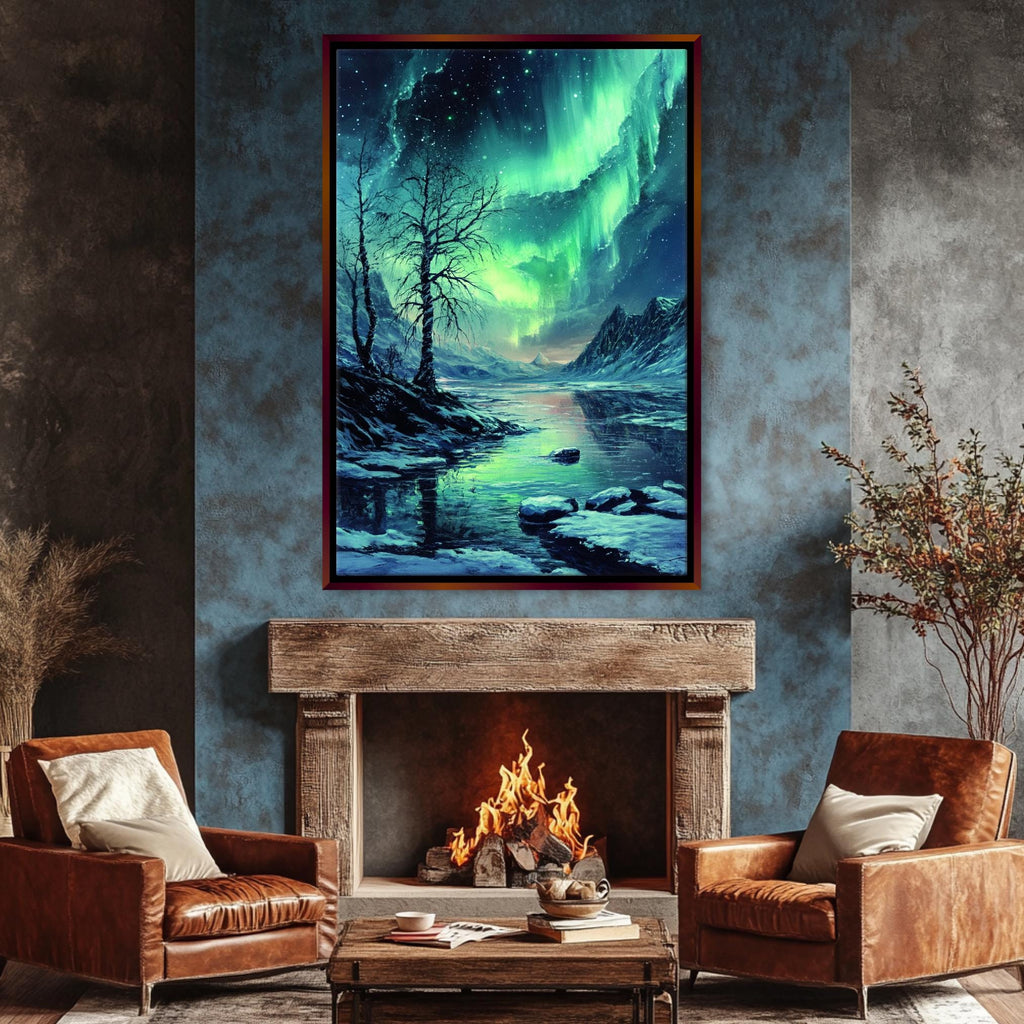 a living room with a fire place and a painting on the wall