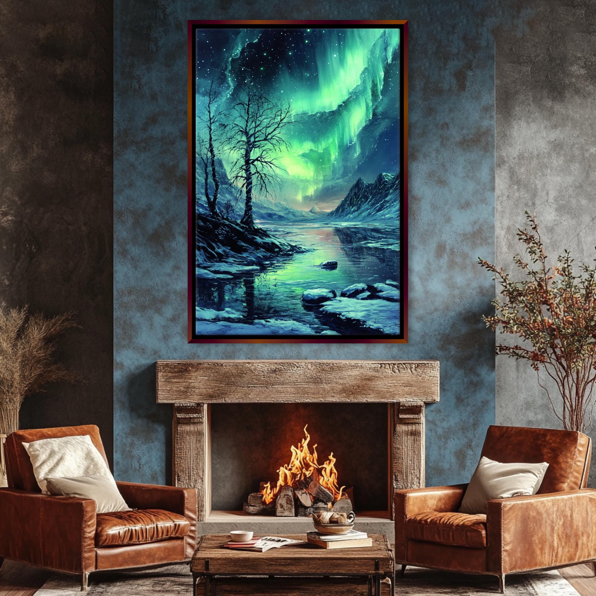 a living room with a fire place and a painting on the wall