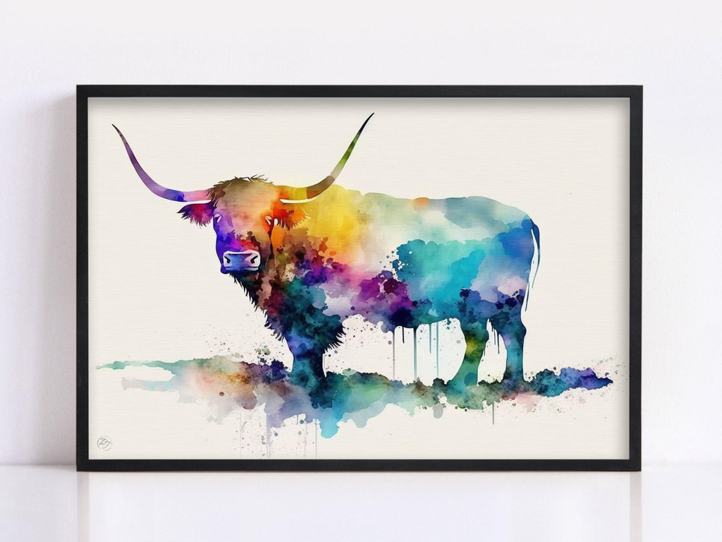 Nature's Charm: Highland Cow Watercolor Wall Art, Giclee Print on Canvas, Artist Paper, Watercolor Paper, Available in Extra Large Sizes