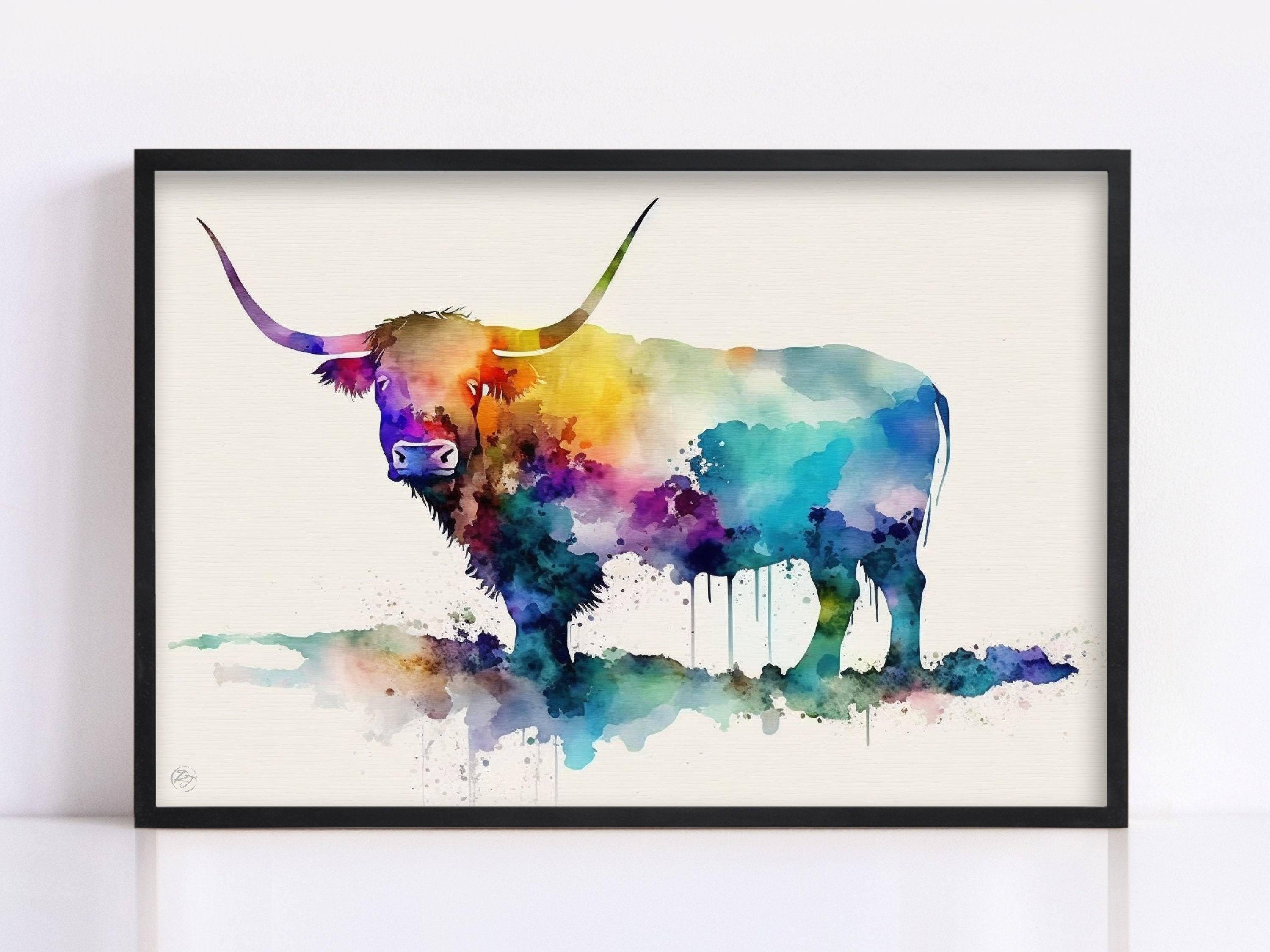 Nature's Charm: Highland Cow Watercolor Wall Art, Giclee Print on Canvas, Artist Paper, Watercolor Paper, Available in Extra Large Sizes
