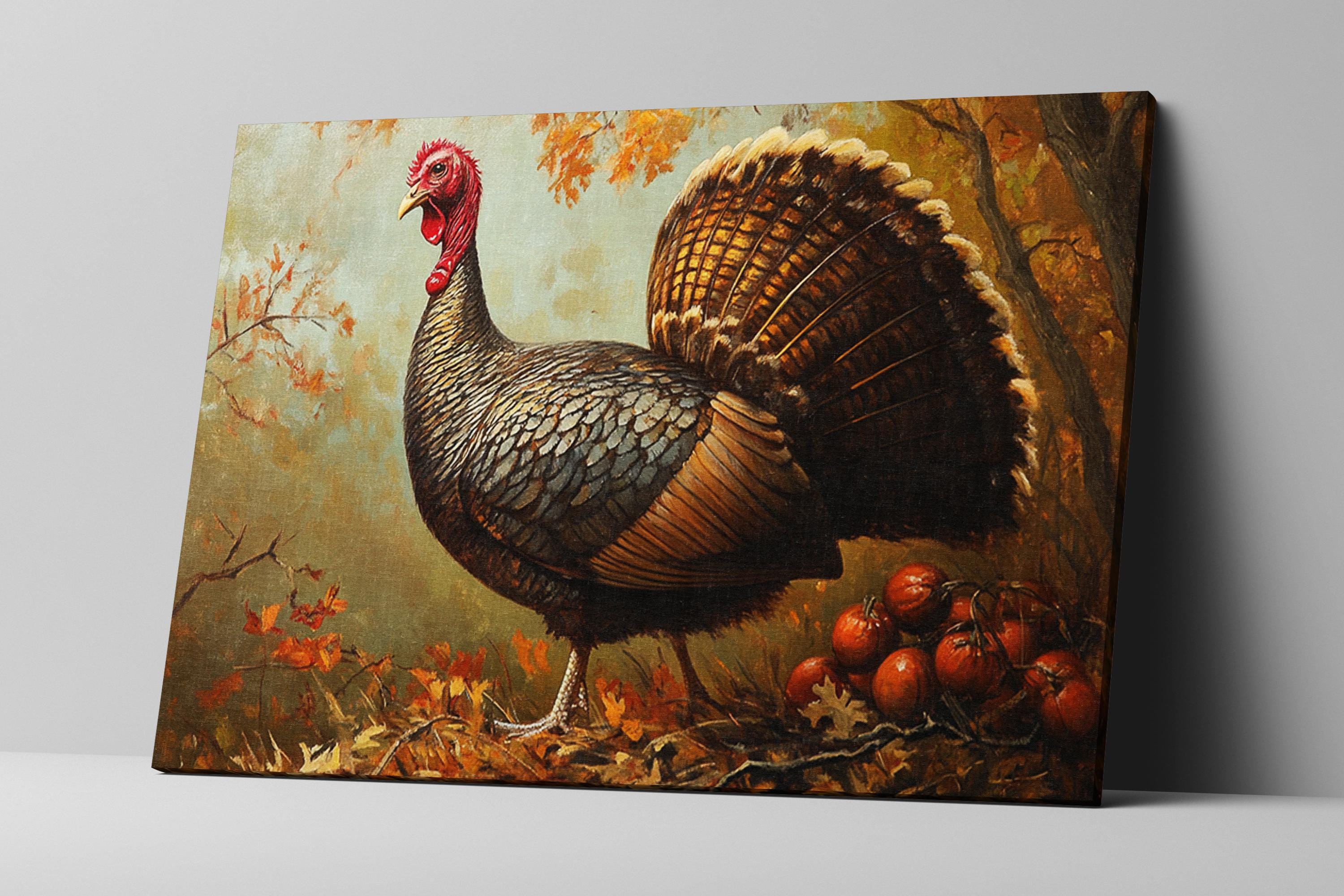 A painting of a turkey standing in a forest with autumn foliage and tomatoes.