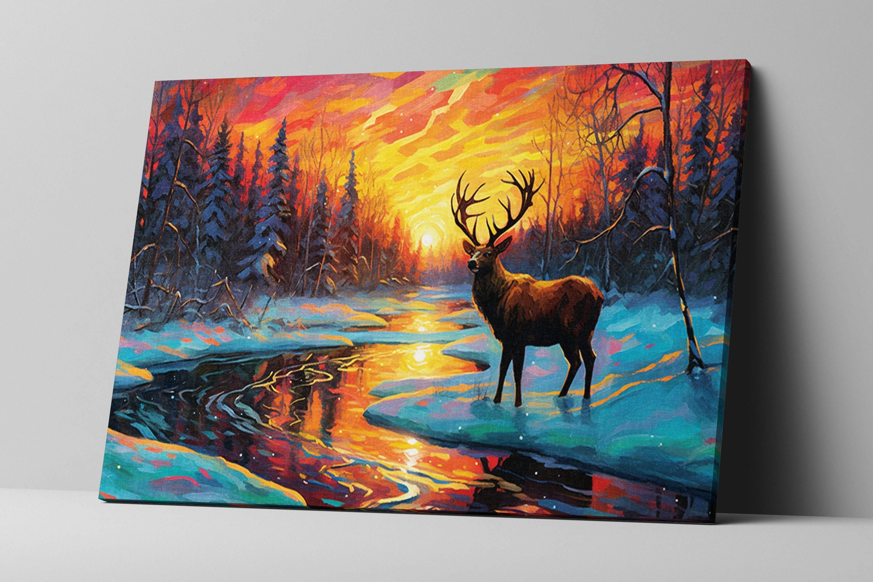 Winter Deer Sunset Art – Vibrant Snowy River Painting on Gallery Wrapped Canvas