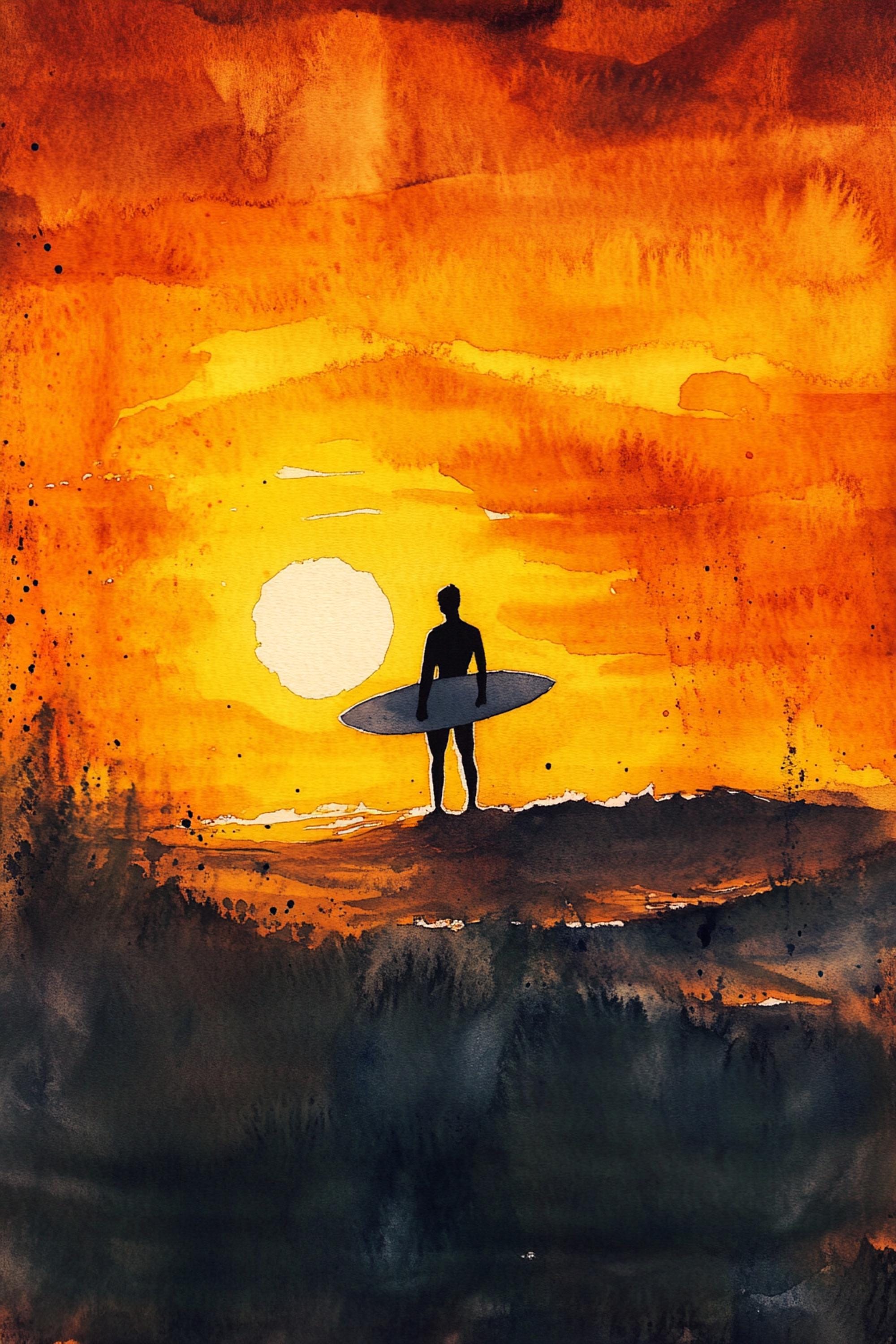 A surfer stands silhouetted against a vibrant sunset, holding a surfboard and gazing out at the ocean.