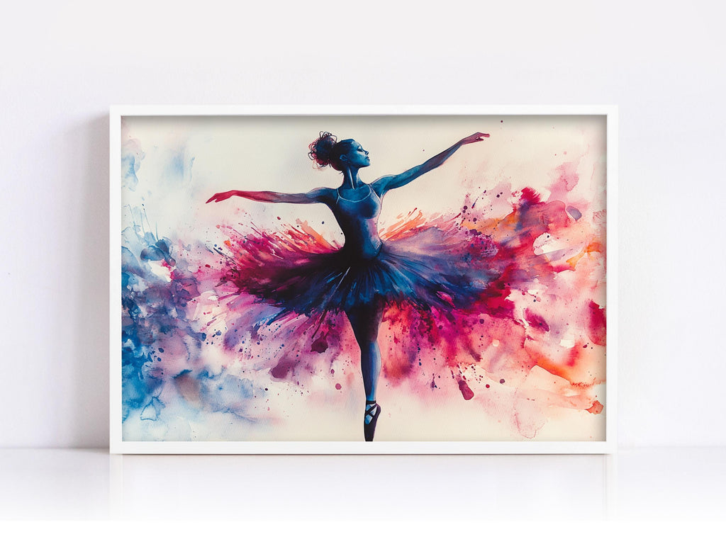 A framed painting depicting a ballerina in a tutu, with her arms outstretched and surrounded by a vibrant splash of colors.