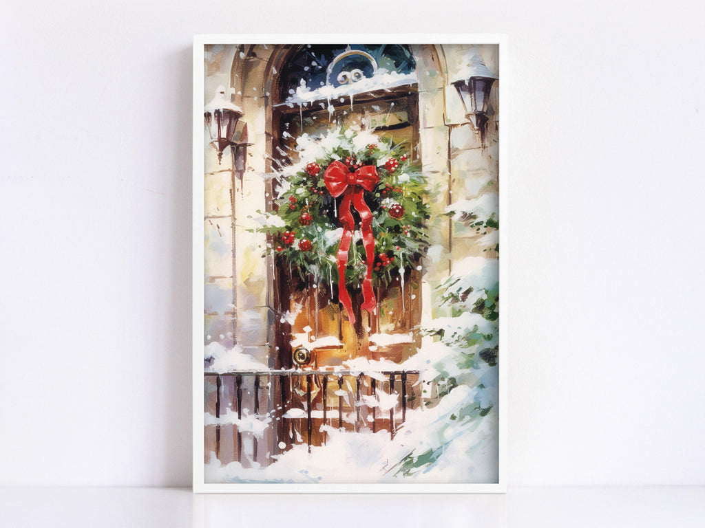 Watercolor Christmas Wreath Painting - Holiday Art, Giclee Print on Canvas, Artist Paper, Watercolor Paper, Available in Extra Large Sizes