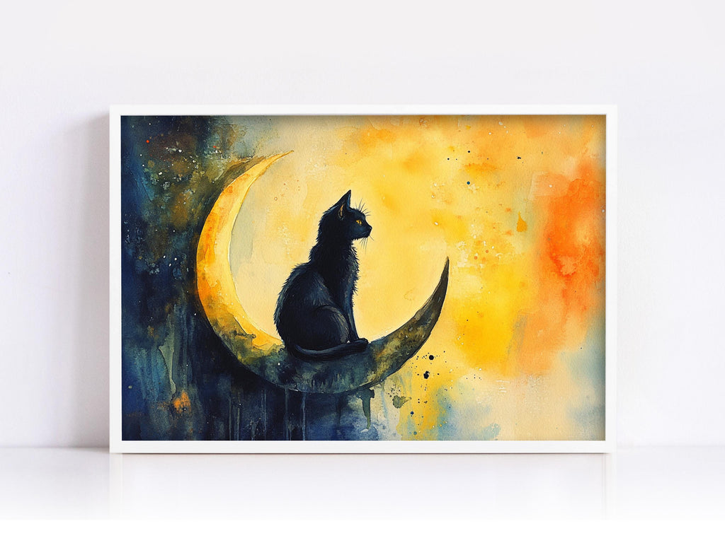A black cat sitting on a crescent moon against a vibrant yellow and orange background.