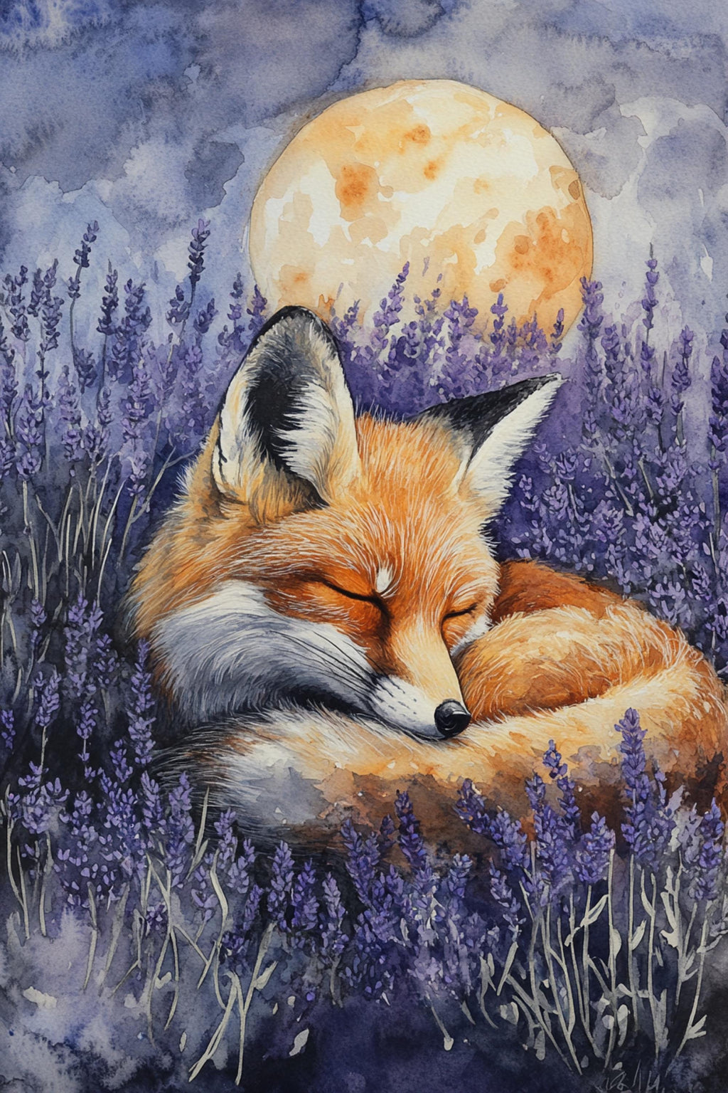 A sleeping fox rests in a field of purple flowers, with a large, glowing moon in the background.
