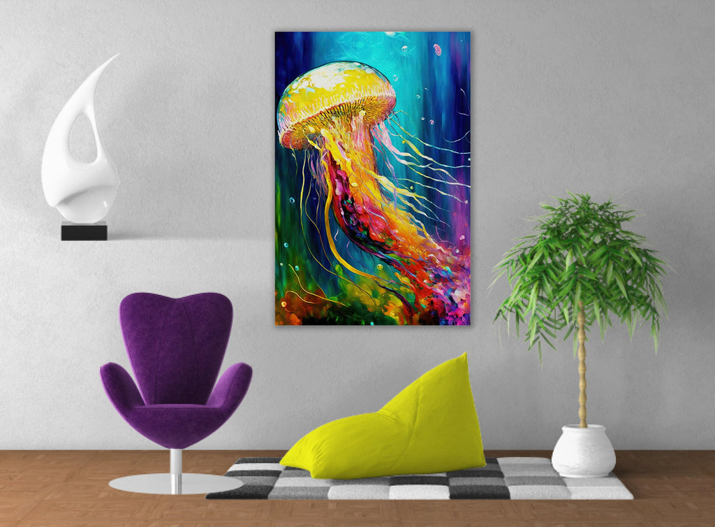 Jellyfish Canvas Art – Vibrant Sea Life Painting on Gallery Ready Wooden Frame