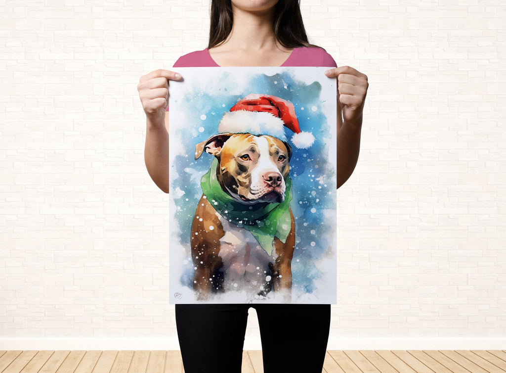 Festive Pitbull in Santa Hat Watercolor Art Print, Giclee Print on Canvas, Artist Paper, Watercolor Paper, Available in Extra Large Sizes