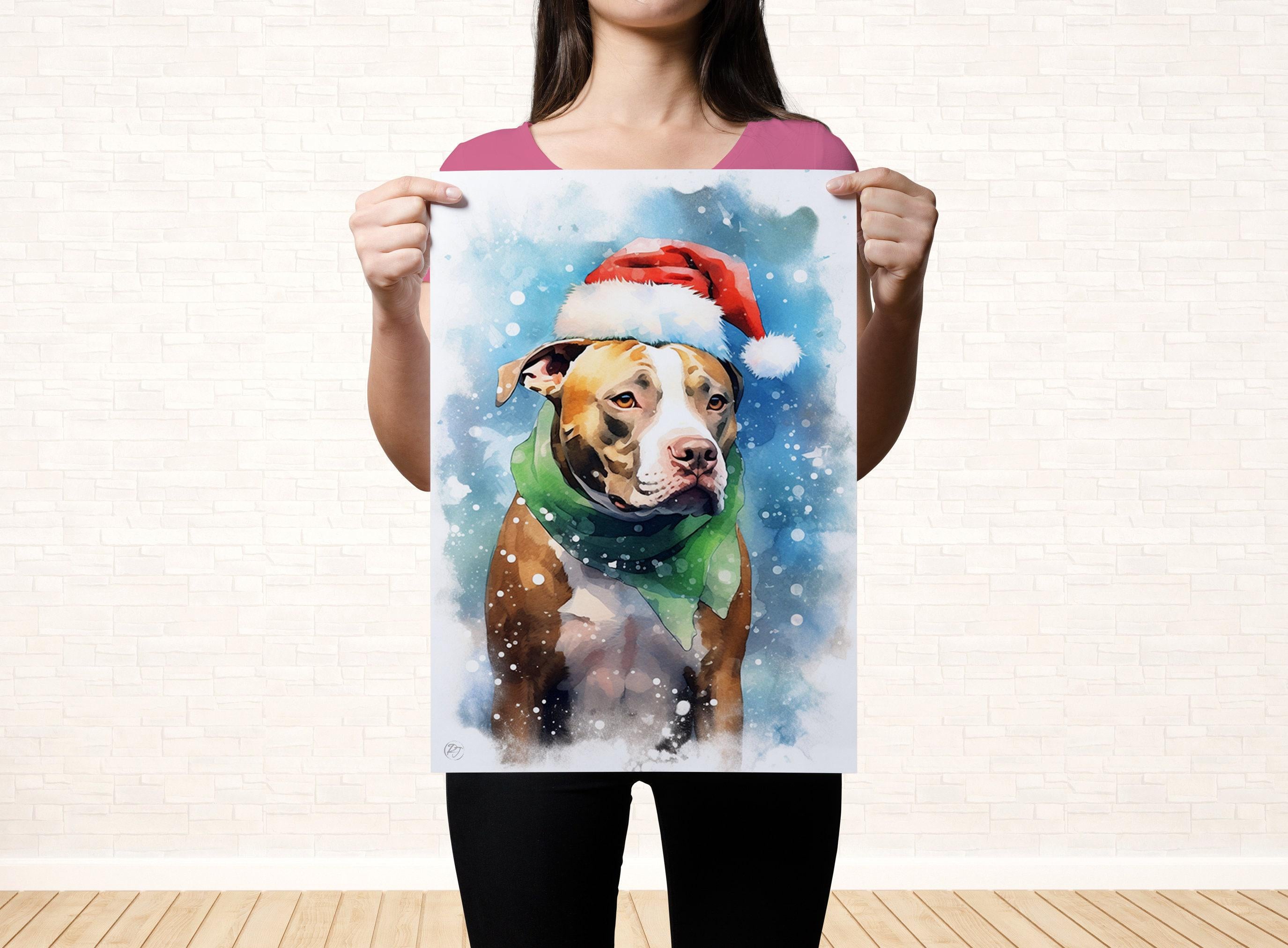 Festive Pitbull in Santa Hat Watercolor Art Print, Giclee Print on Canvas, Artist Paper, Watercolor Paper, Available in Extra Large Sizes