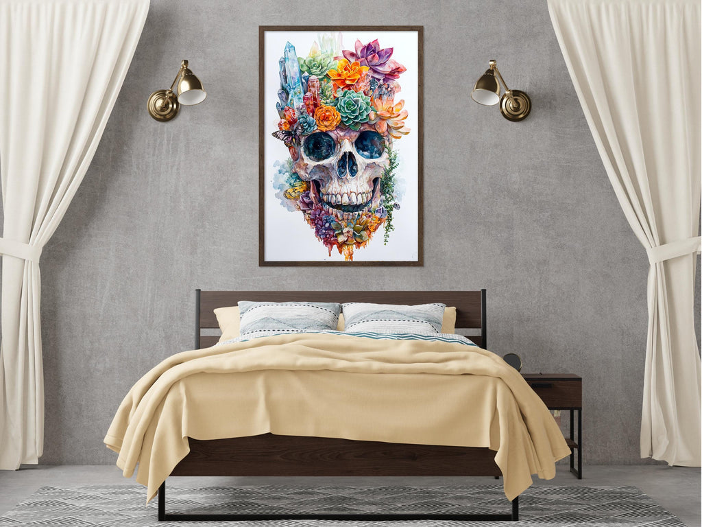 a bedroom with a bed, a nightstand, and a framed artwork of a colorful skull with flowers and plants on the wall above the bed.