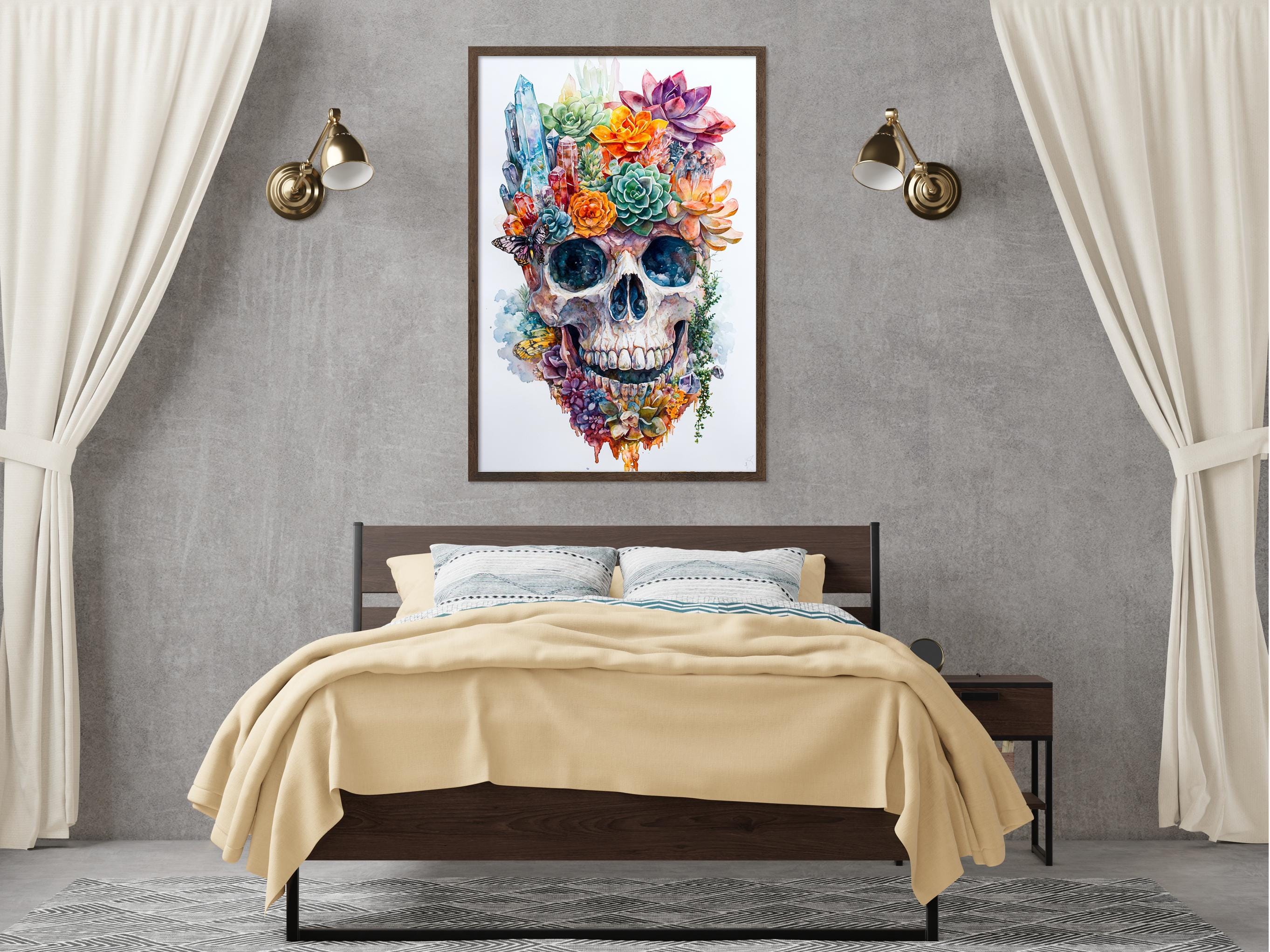 a bedroom with a bed, a nightstand, and a framed artwork of a colorful skull with flowers and plants on the wall above the bed.