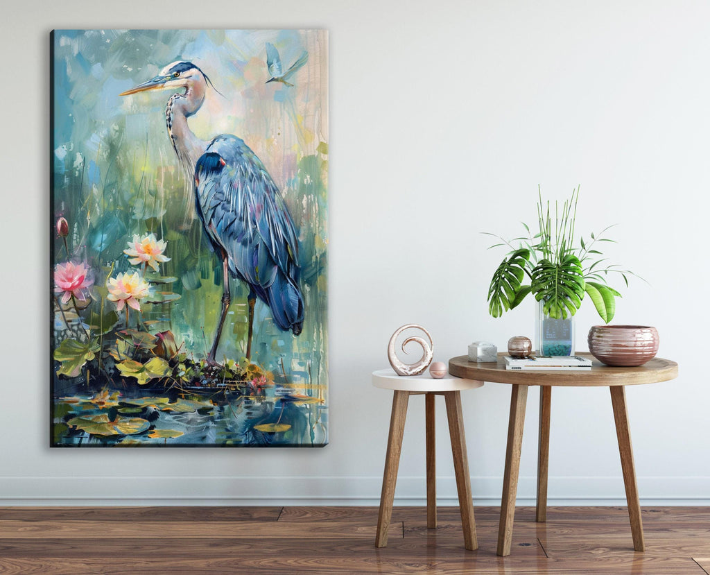 Blue Heron Wall Art – Large Coastal Canvas Art | Wetland Sanctuary Print on Gallery Wrapped Canvas