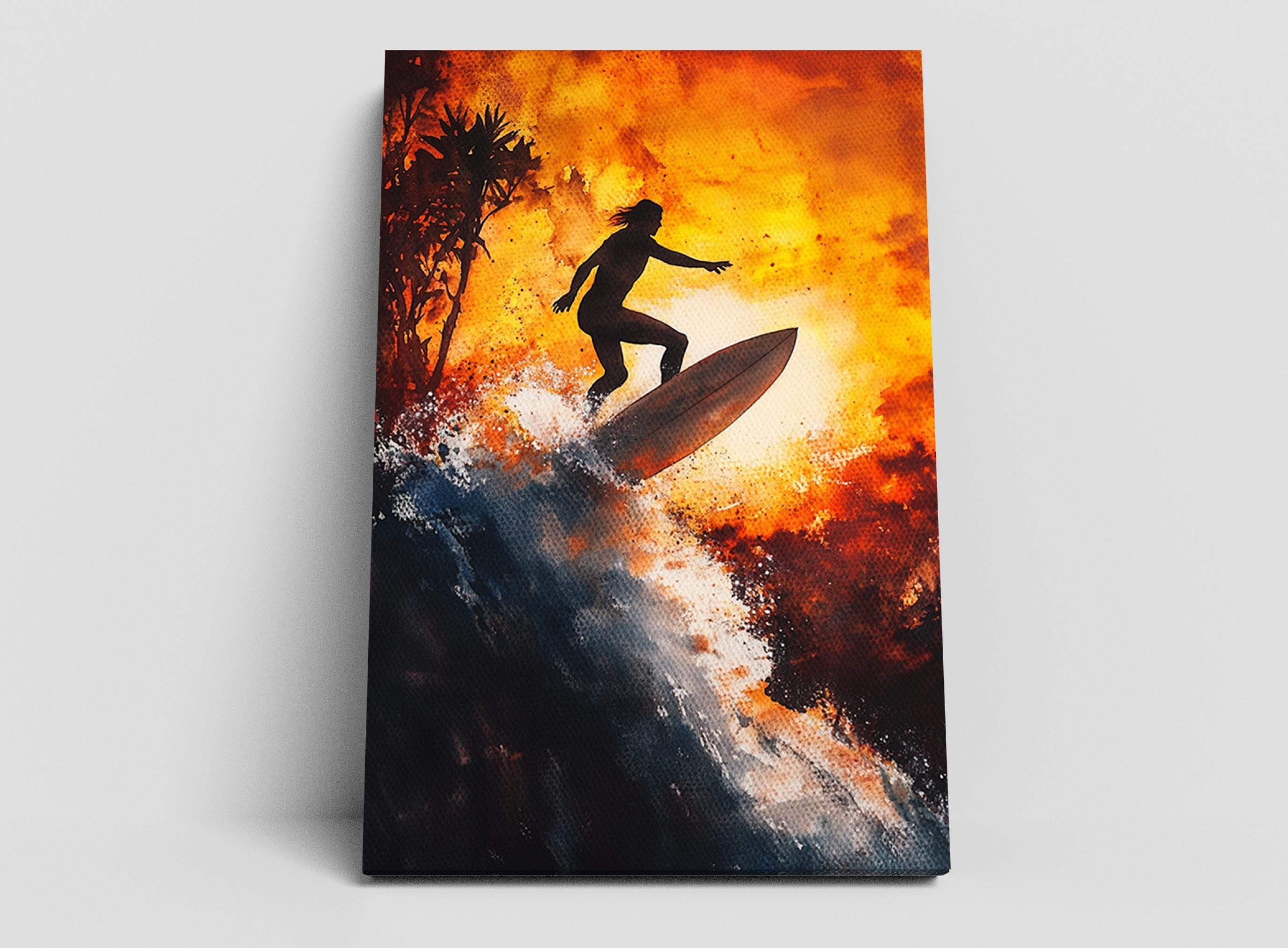 A surfer riding a wave against a backdrop of a fiery sunset.