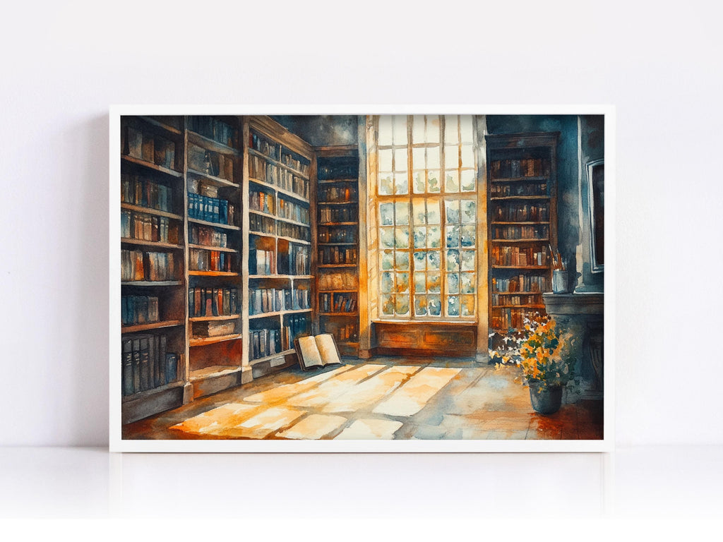 a serene and inviting library or study room, with tall bookshelves filled with books, a large window allowing natural light to flood the space, and a vase of flowers on a table.