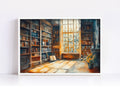 a serene and inviting library or study room, with tall bookshelves filled with books, a large window allowing natural light to flood the space, and a vase of flowers on a table.