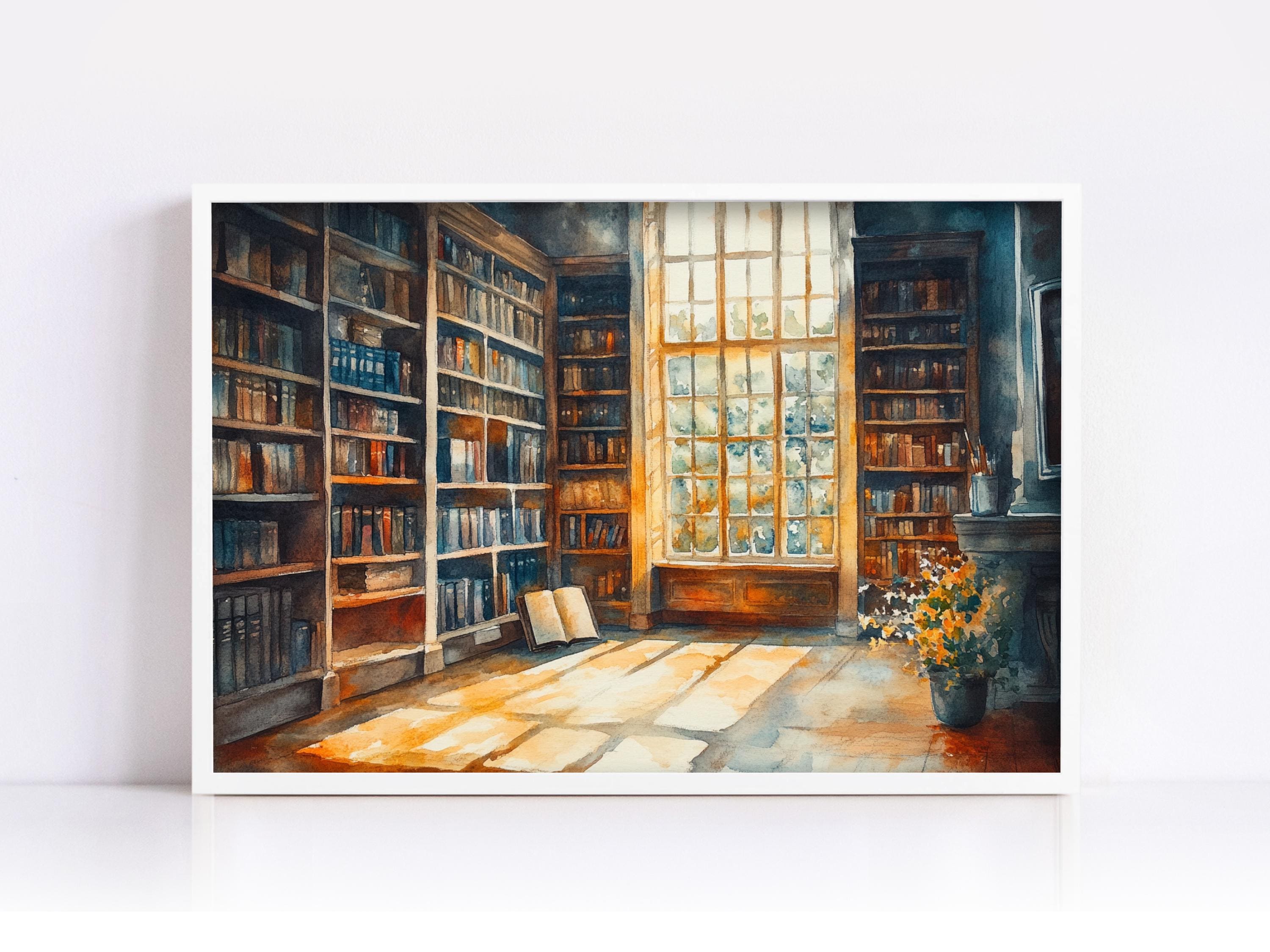 a serene and inviting library or study room, with tall bookshelves filled with books, a large window allowing natural light to flood the space, and a vase of flowers on a table.