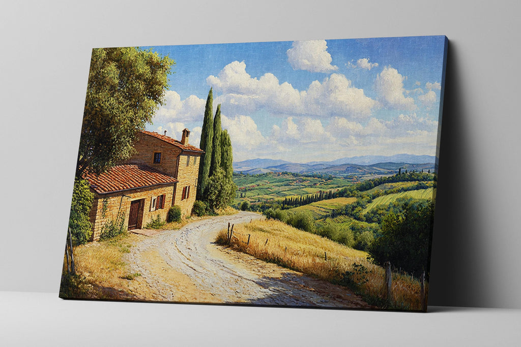 a painting of a country road leading to a house