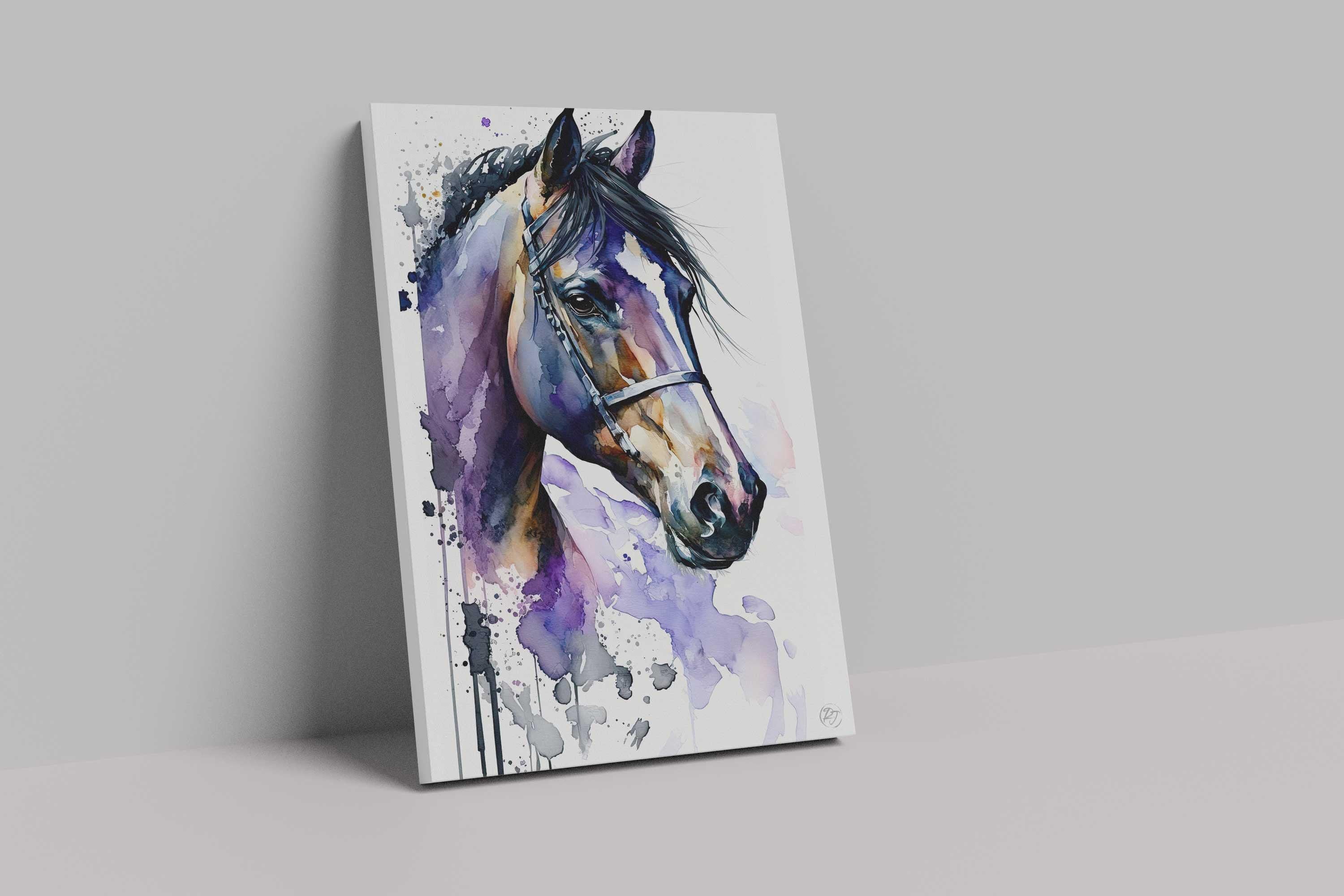 A watercolor painting of a horse's head, with splashes of purple and blue paint on a white background.