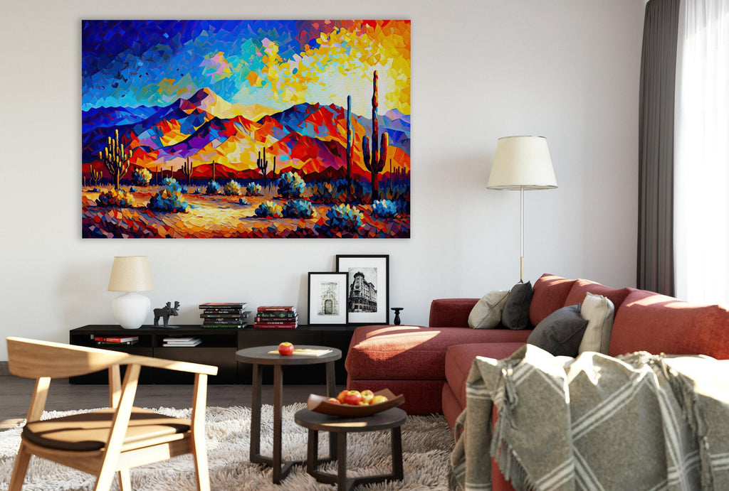 a modern living room with a large, colorful painting of a desert landscape hanging on the wall. The room is furnished with a red sofa, a wooden chair, and a coffee table with a bowl of fruit. The overall decor has a contemporary and vibrant feel, with the painting serving as a focal point in the space.