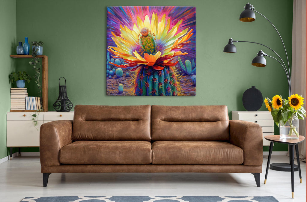 Saguaro Bloom Canvas – Vibrant Desert Cactus Art | Large Colorful Wall Print