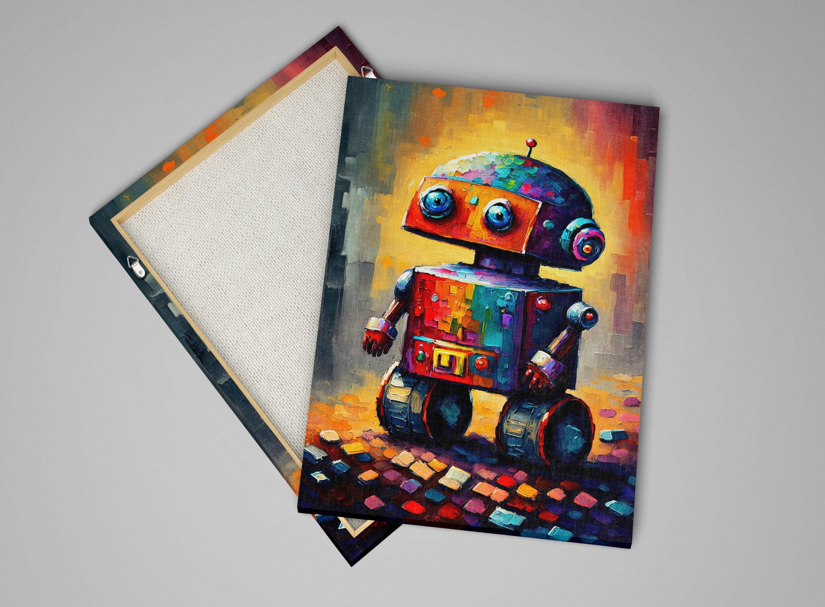 Kids Robot Wall Art - Colorful Robot Art Print on Lightweight Stretched Canvas